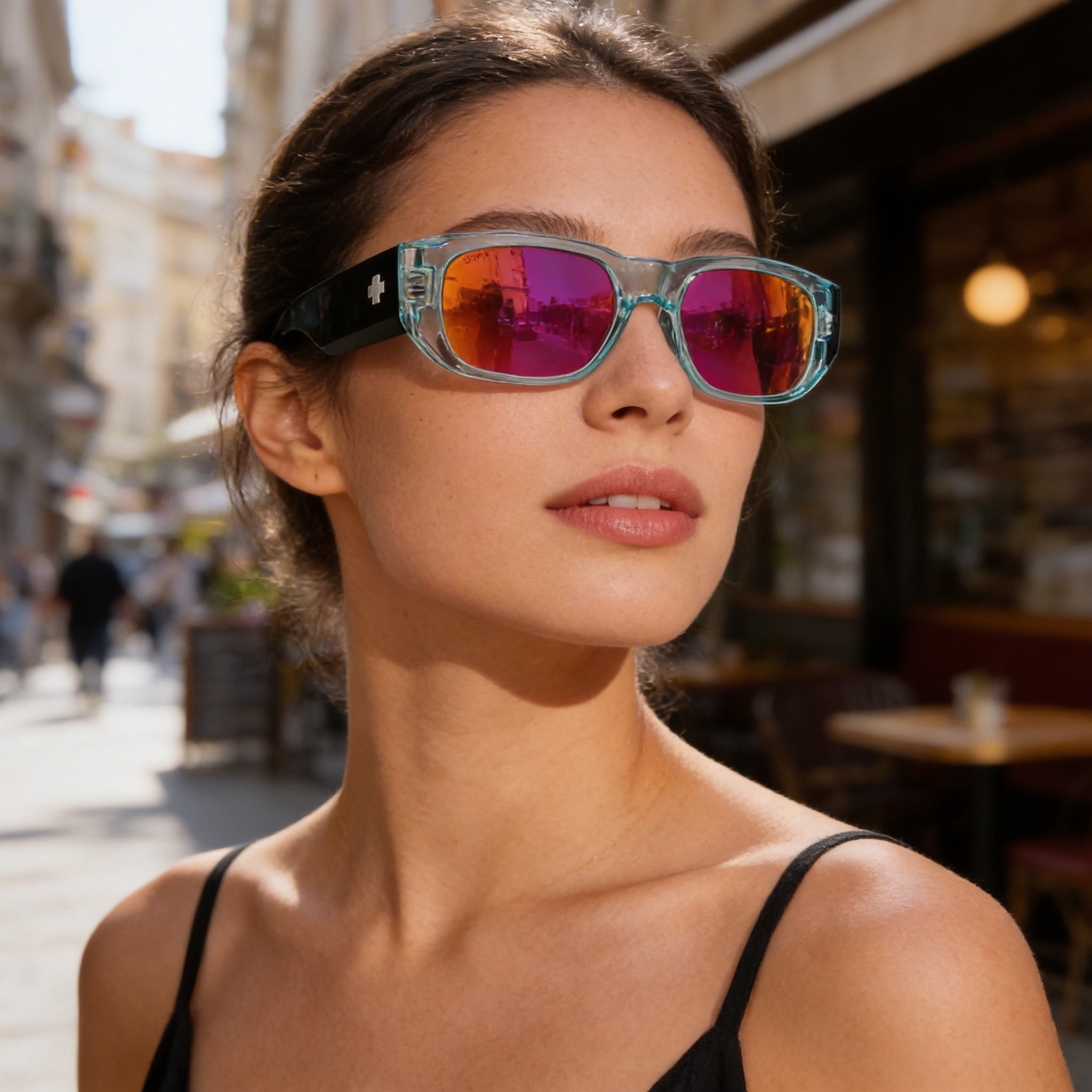 Gafas de sol no polarizadas Spy Optic Genre para mujer con Happy Lens, Translucent Aqua Matte Black, Happy Gray con espejo Purple Spectra, 54 mm, Photo 5