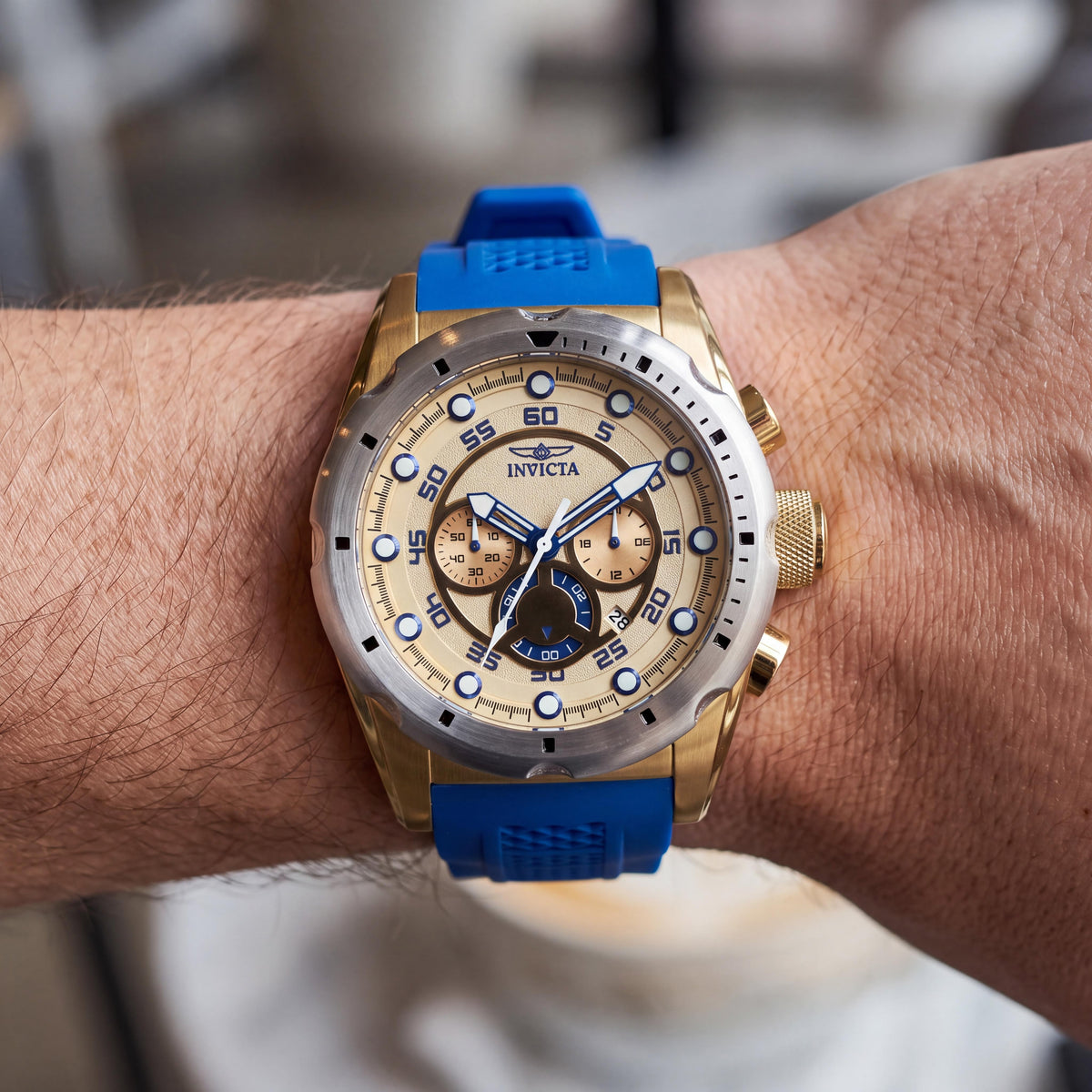 Invicta Casual Men's Gold Tone Stainless Steel Chronograph Watch, Blue Polyurethane Strap, 100m Water Resistant, Photo 3
