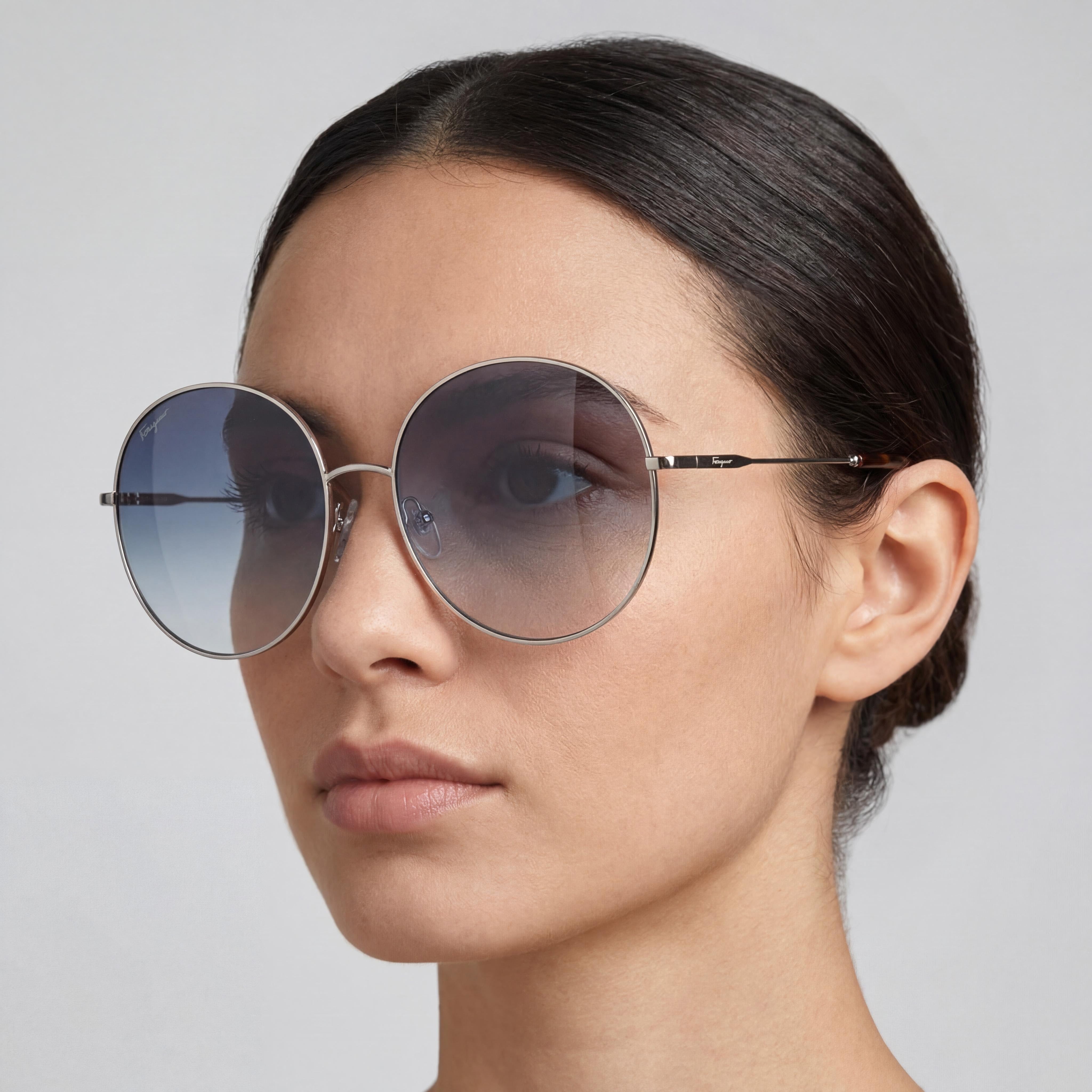 Gafas de sol Salvatore Ferragamo clásicas de mujer, redondas, de metal plateado brillante, con protección UV azul no polarizada, 60 mm, Photo 5