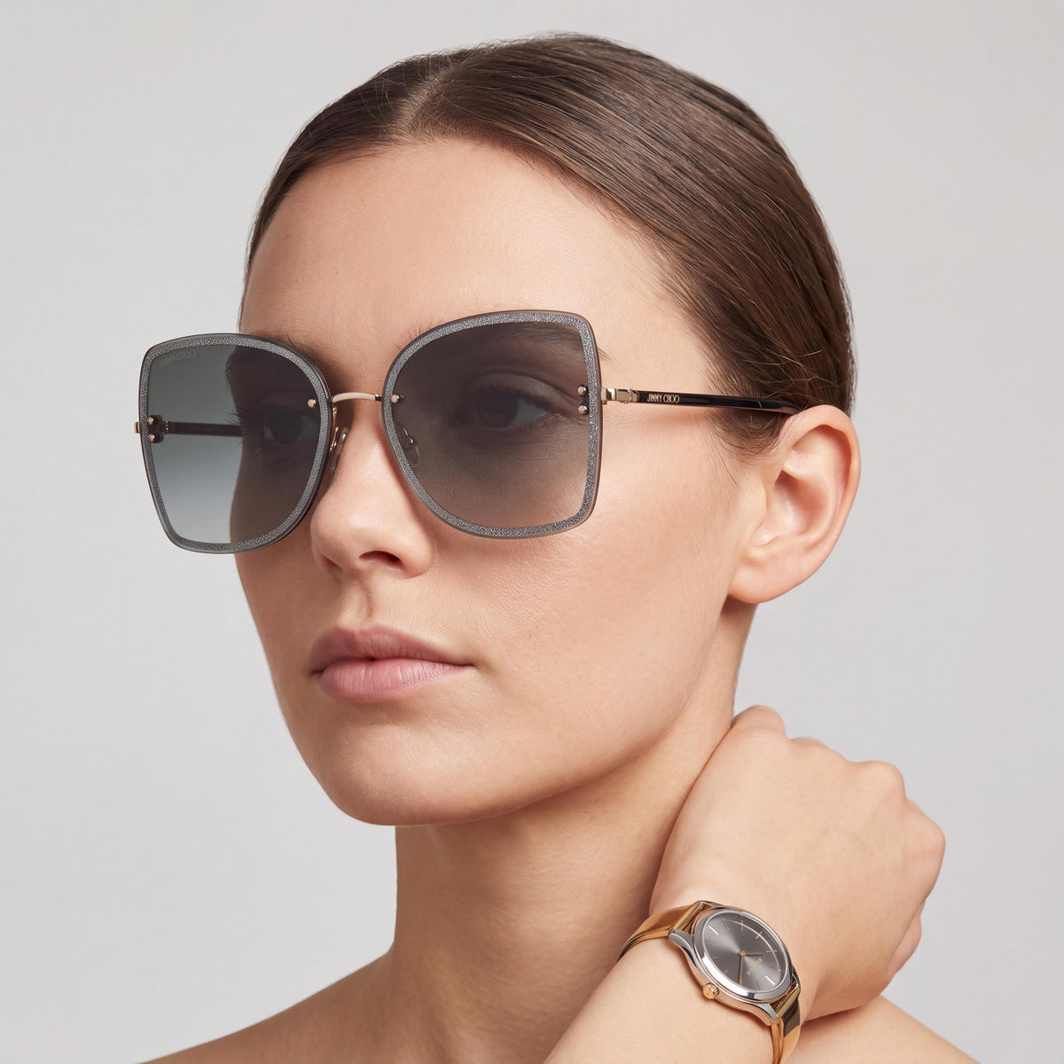 JIMMY CHOO Leti/S Women's Classic Black Gold Metal Frame Dark Grey Shaded 62mm UV Protection Sunglasses, Photo 3