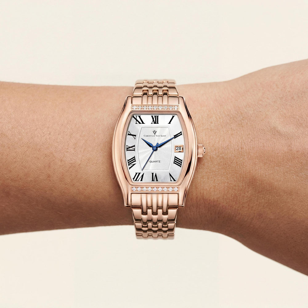 Reloj de cuarzo Christian Van Sant para mujer, de acero inoxidable y oro rosa, resistente a arañazos y al agua.