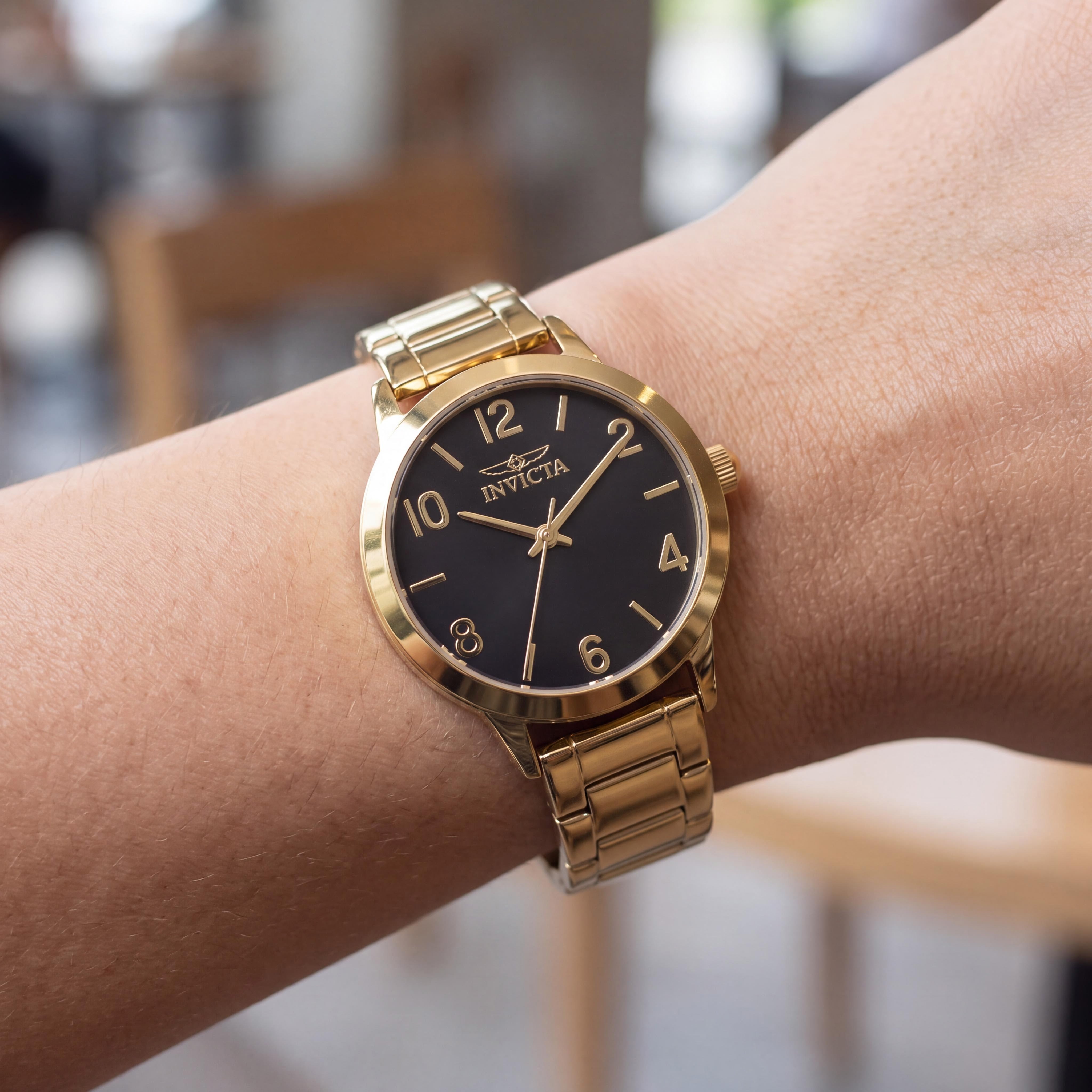 Invicta Wildflower 47273 Unisex Gold Tone Stainless Steel Black Dial Quartz Movement Bracelet Watch 34mm, Photo 4