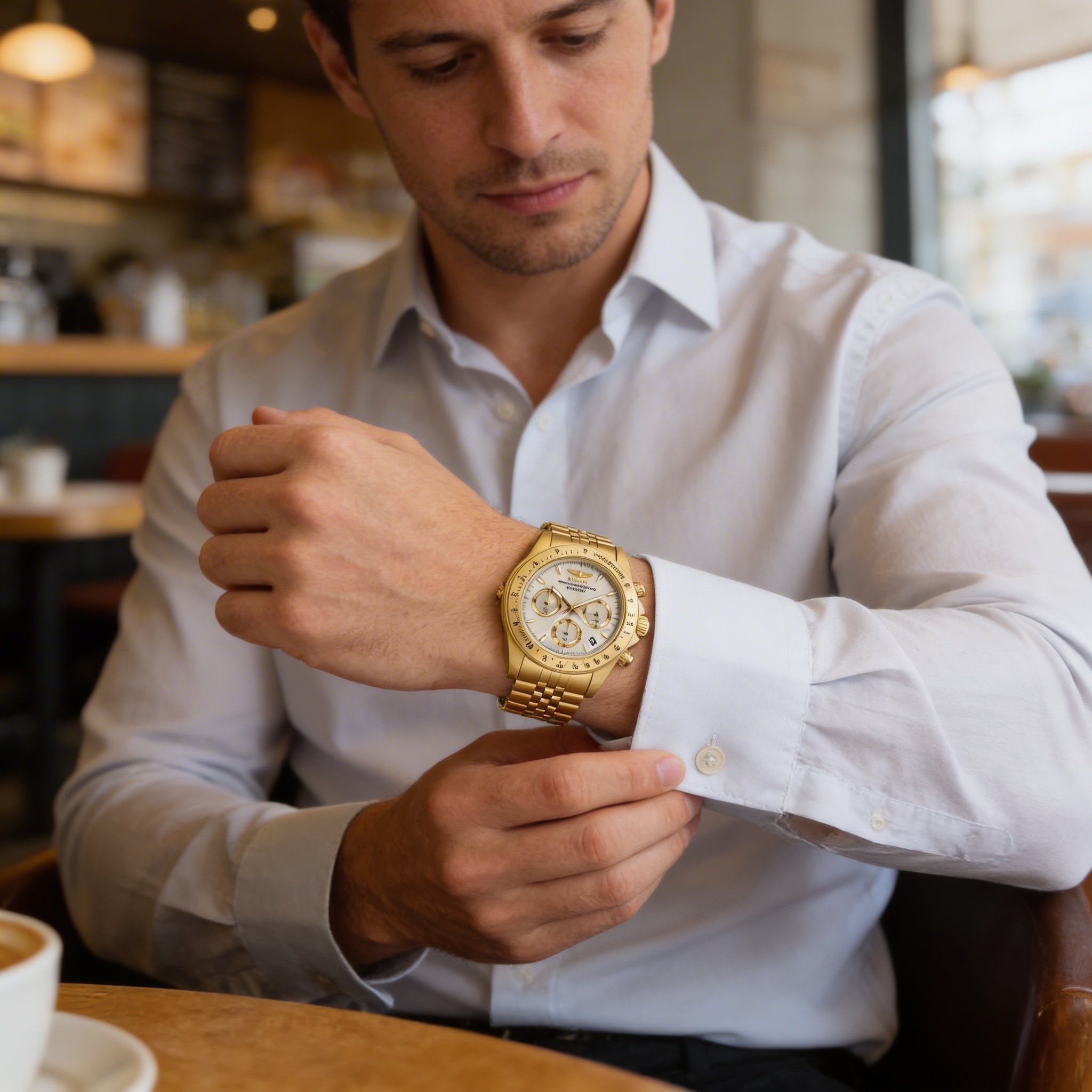 Reloj de cuarzo Invicta para hombre en tono dorado, con cronógrafo y función de brillo en la oscuridad., Photo 4
