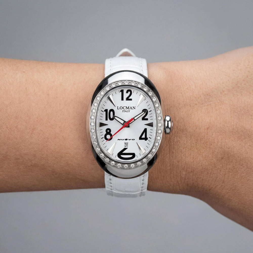Reloj Locman para mujer con movimiento de cuarzo, acero inoxidable blanco, correa de piel, esfera de nácar, resistente al agua