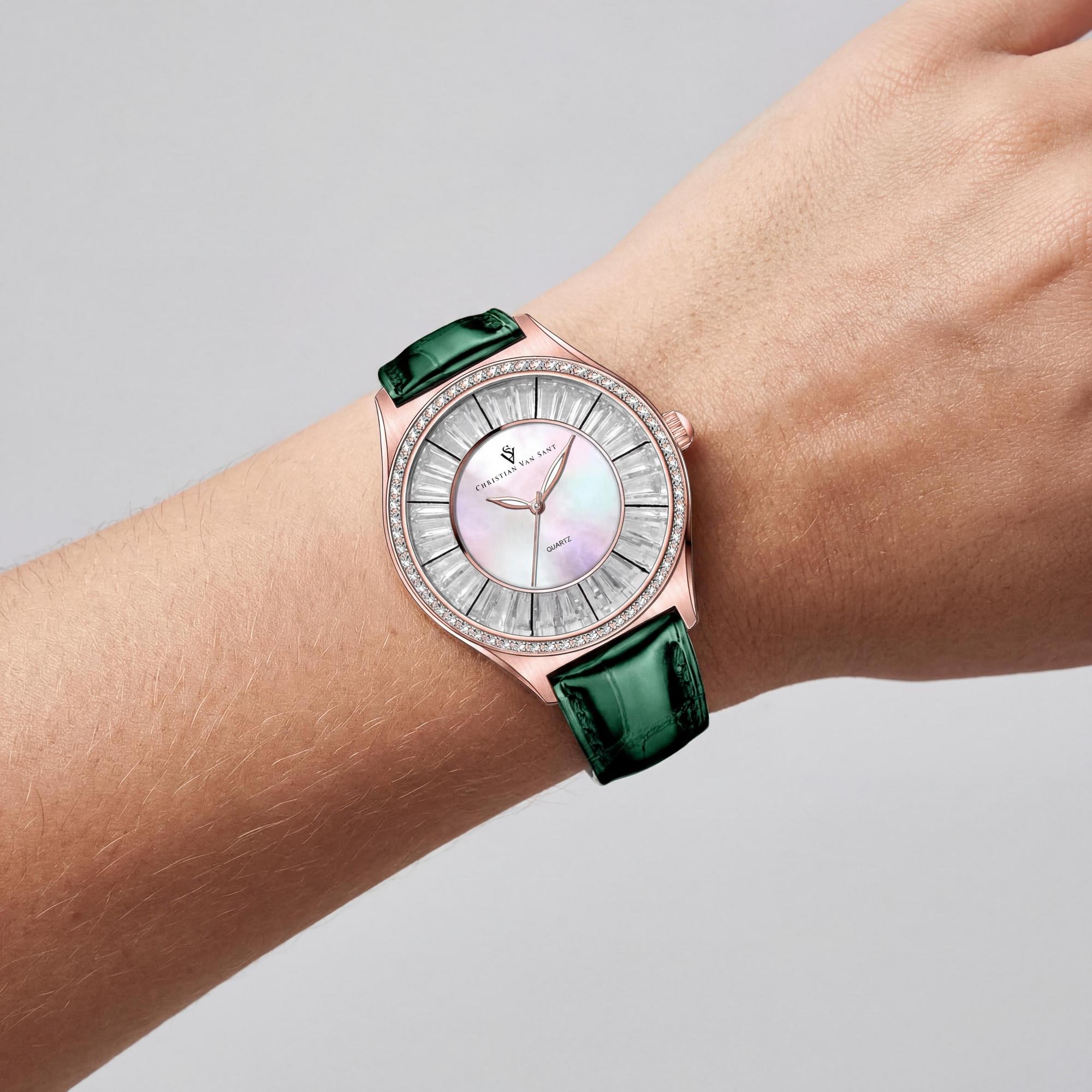 Reloj moderno Christian Van Sant para mujer, resistente al agua, con esfera de nácar, caja de acero inoxidable y correa de piel, Photo 4