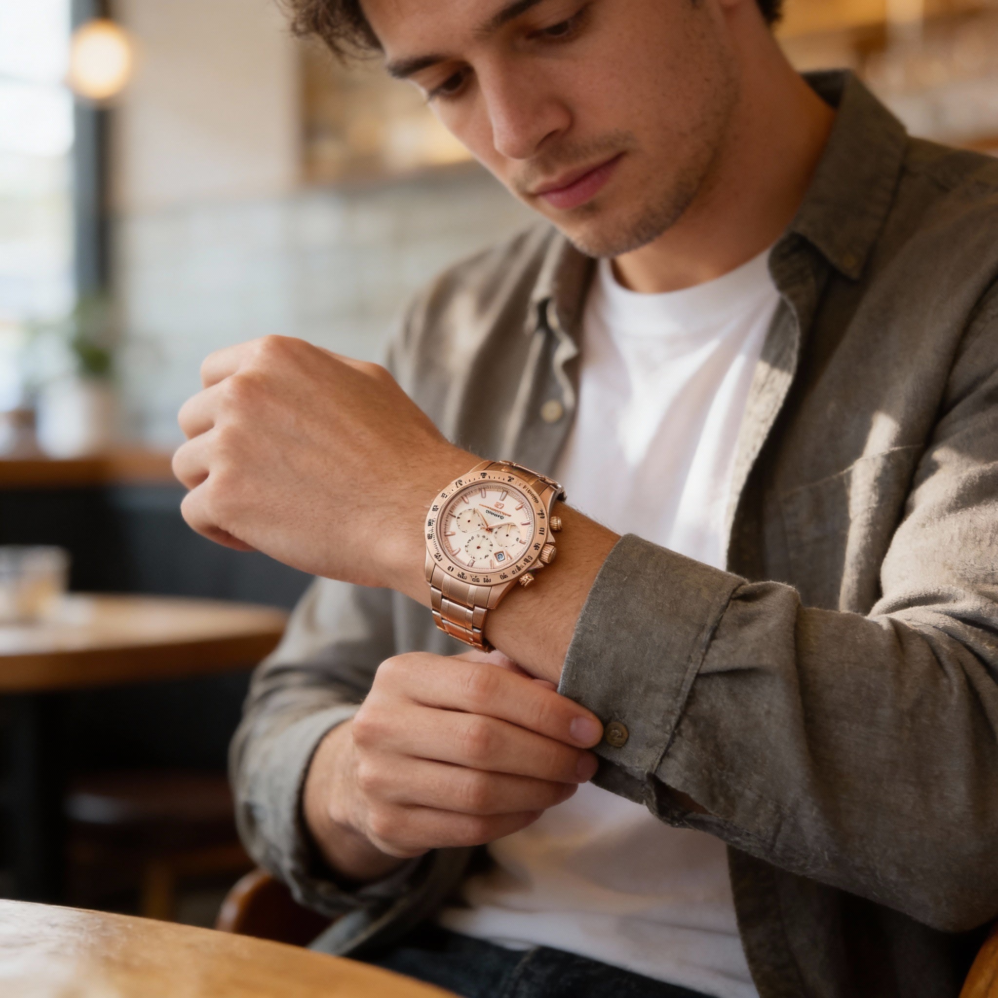 Reloj Oceanaut de cuarzo para hombre, acero inoxidable en oro rosa, esfera amarilla, resistente al agua, Photo 5