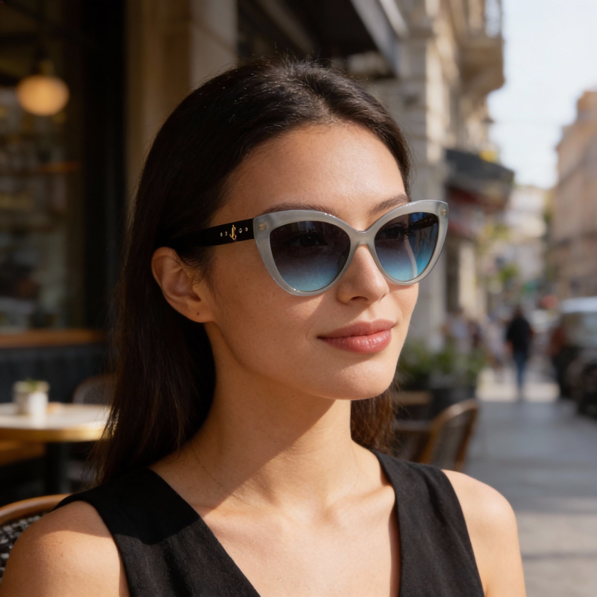 Gafas de sol Jimmy Choo Sinnie/G/S Cat Eye para mujer con montura de acetato verde grisáceo y lentes degradadas en gris verdoso de 57 mm, Photo 6