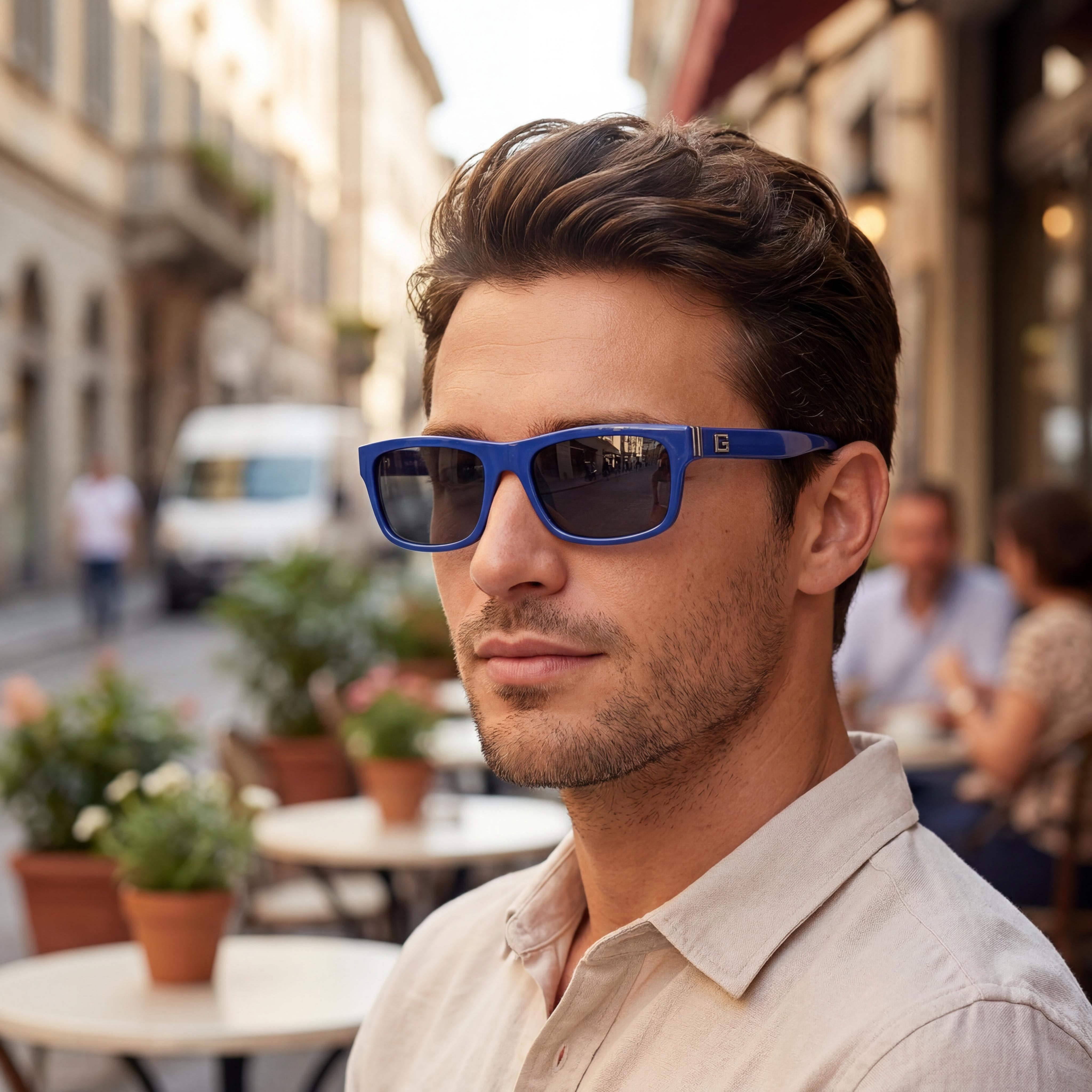 GUESS Casual Men's Sunglasses with Shiny Blue Plastic Frame, Smoke Plastic Non-Polarized Lenses, UV 400 Protection, Size 57-18-145, Photo 6