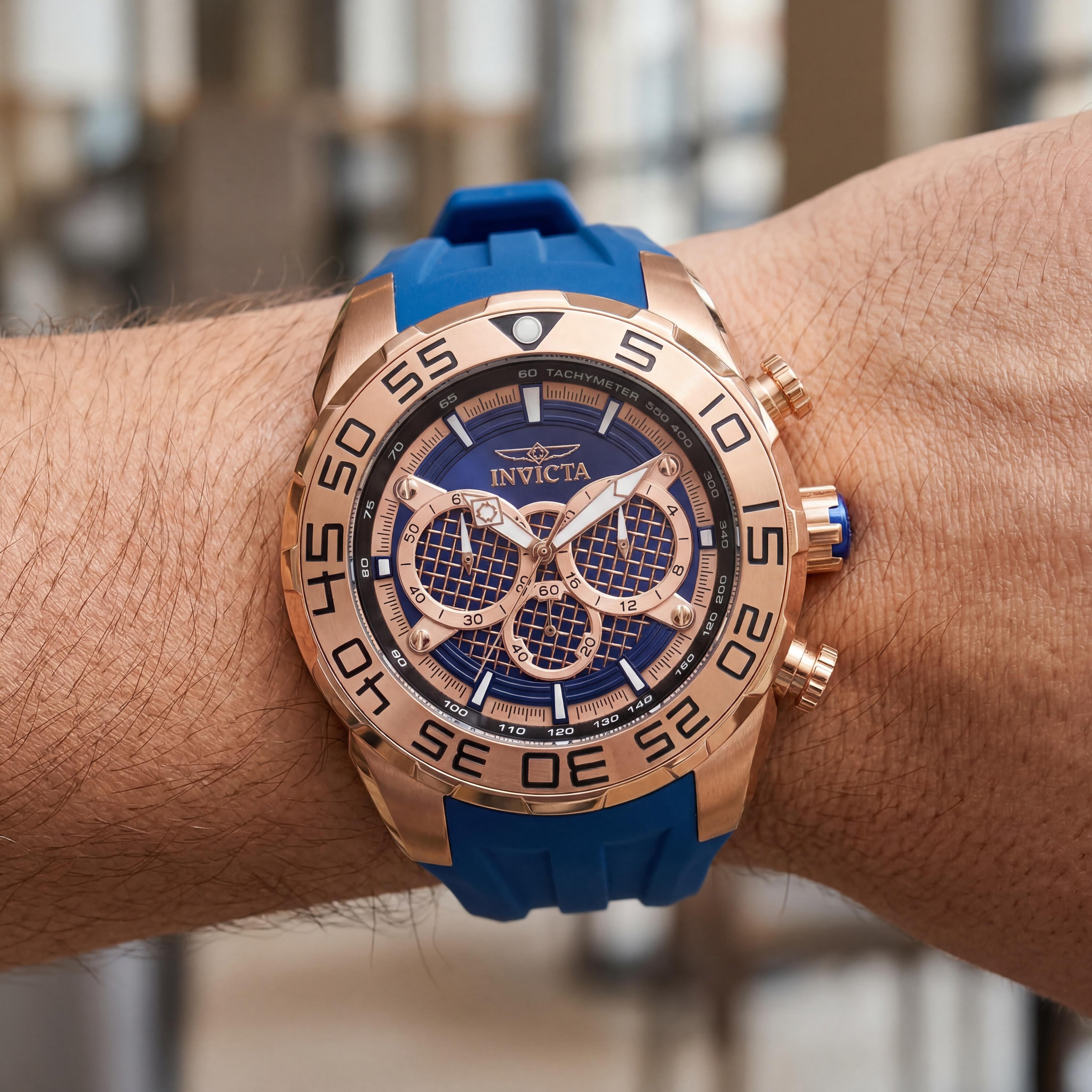 Invicta Speedway - SCUBA 26305 Reloj de cuarzo cronógrafo para hombre de 50 mm de acero inoxidable tono oro rosa con correa de silicona azul, Photo 4
