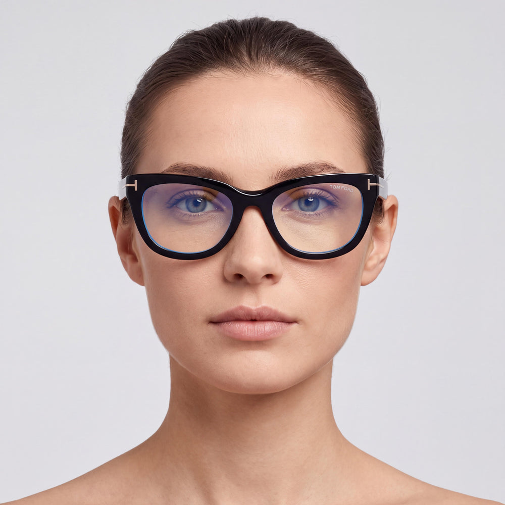 Gafas Marcolin para mujer Ft6066-b de estilo clásico, montura de plástico con filtro azul en negro brillante y lentes negras de 53 mm