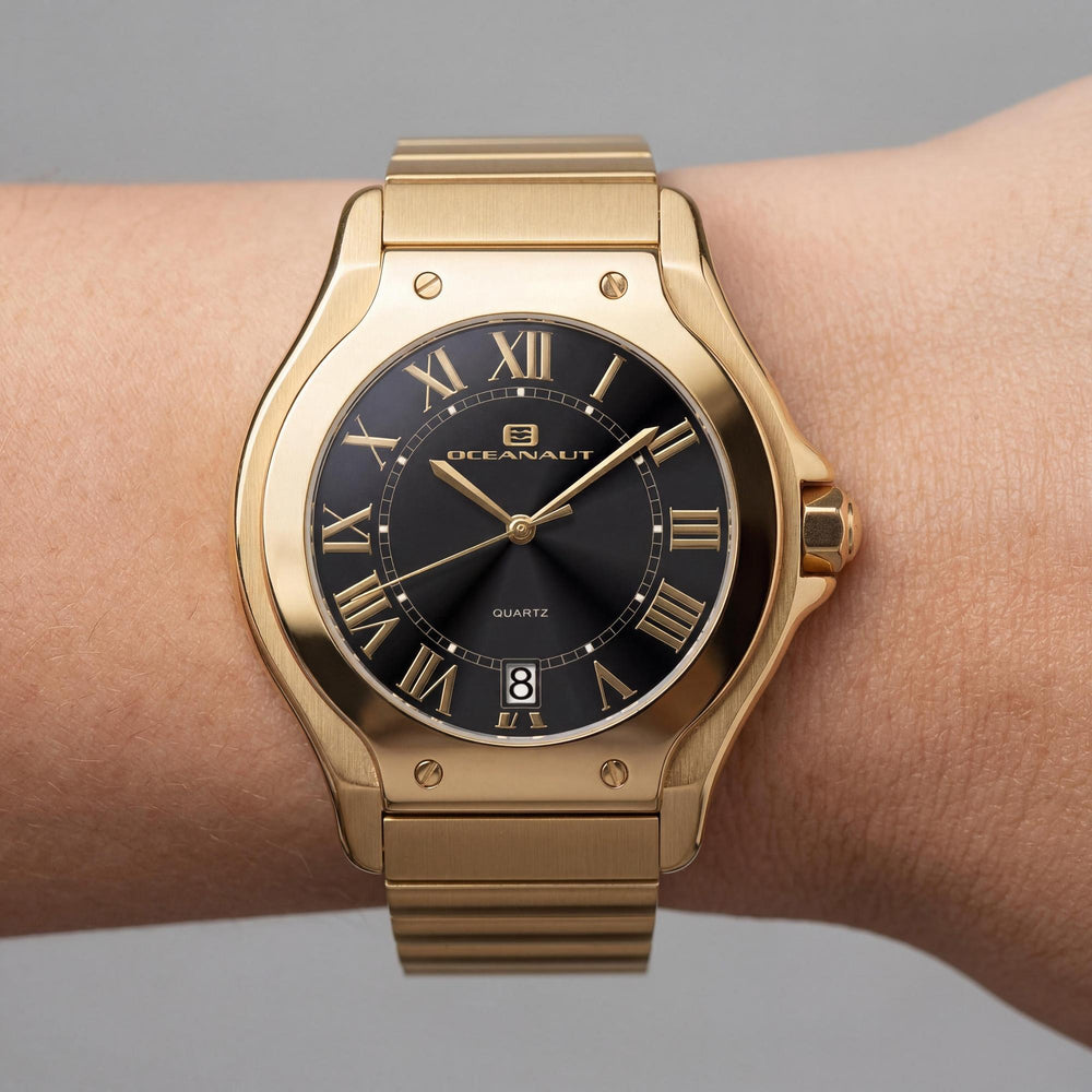 Reloj Oceanaut de cuarzo para mujer, esfera negra, acero inoxidable, resistente al agua y a los arañazos, con minerales.