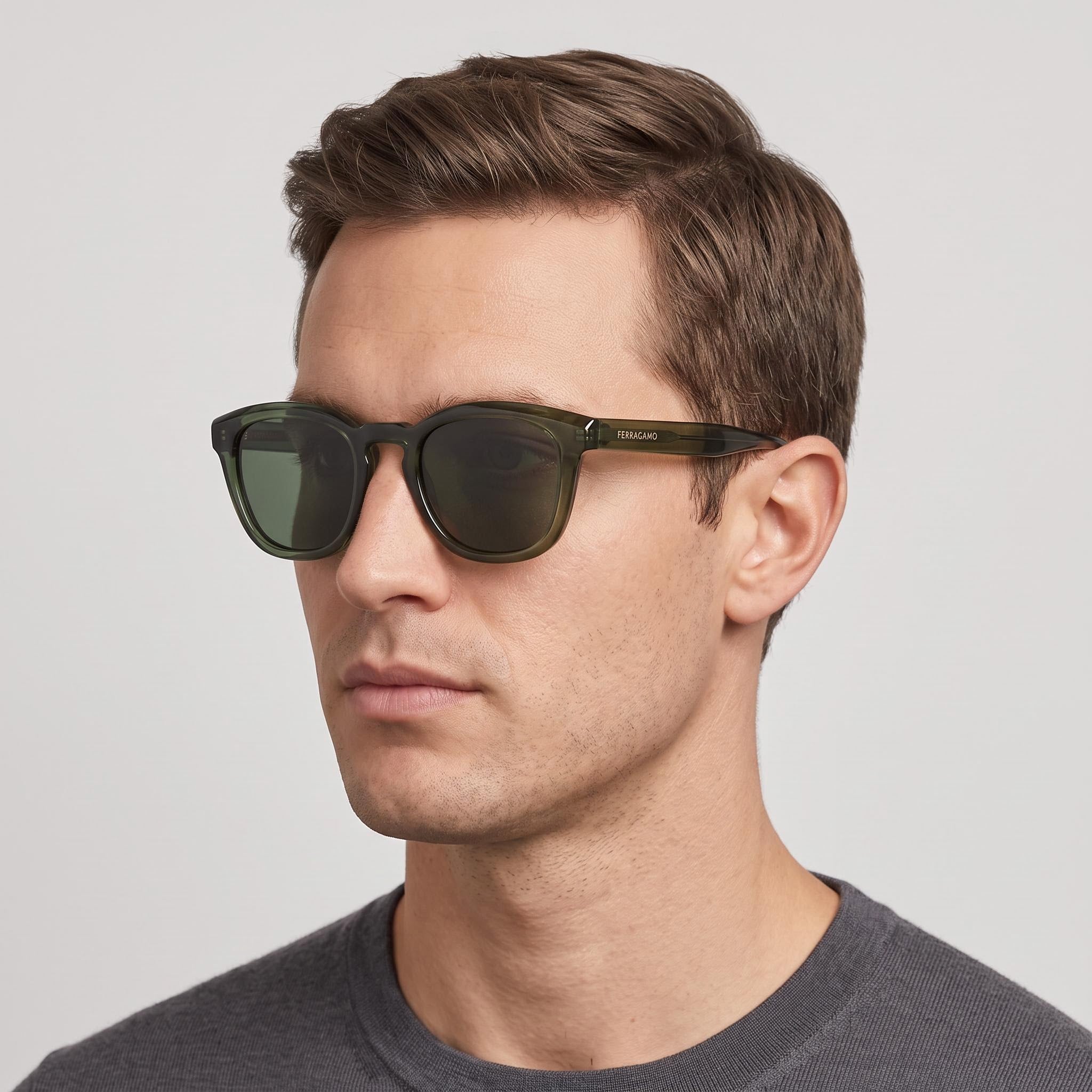 Ferragamo Sf2040se Men's Transparent Khaki Acetate Rectangle UV 400 Non-Polarized Sunglasses 50-21-145, Photo 5