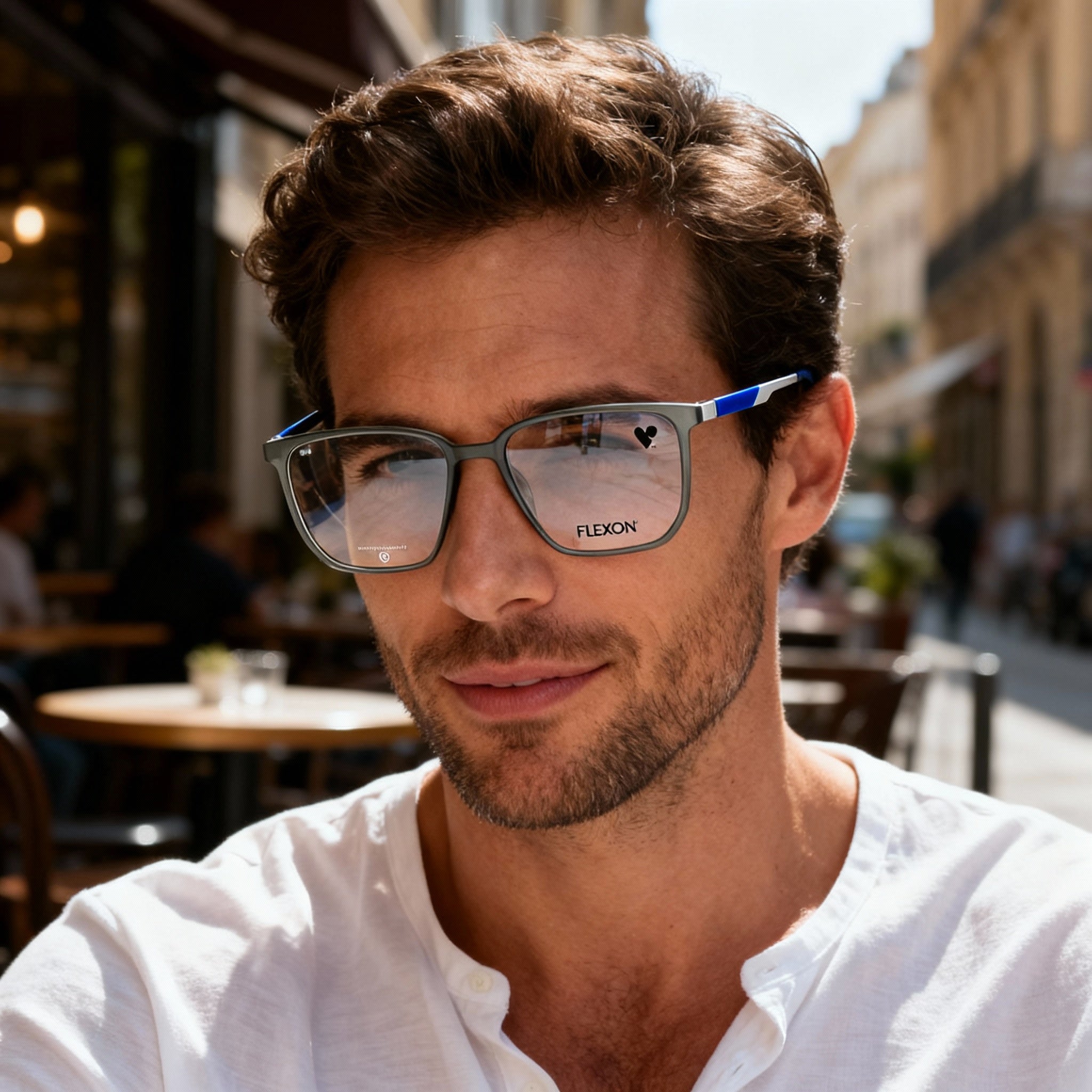 Flexon 606 Men's Durable Flexible Metal Full Rim Rectangle Eyeglasses - Shiny Crystal Grey 54-18-145, Photo 3