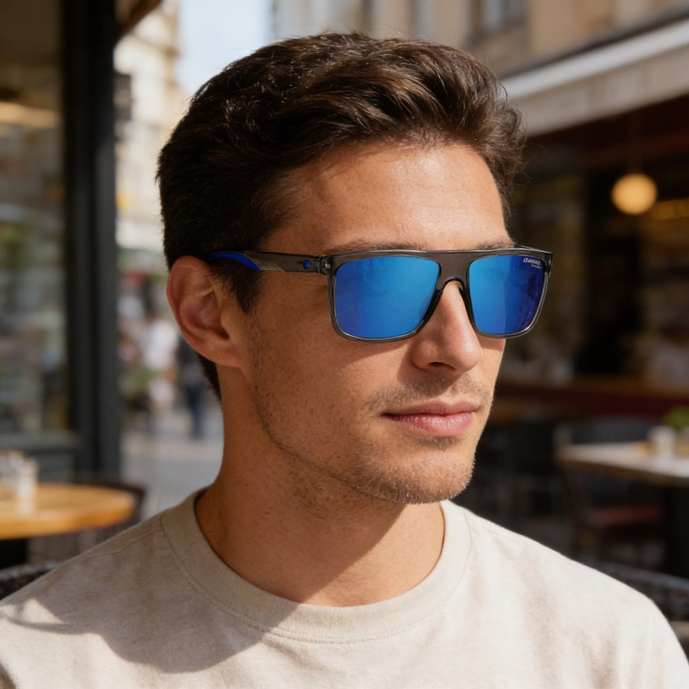 Carrera 8055/S - Montura de poliamida gris transparente para hombre, lentes multicapa azules, protección UV, 58 mm