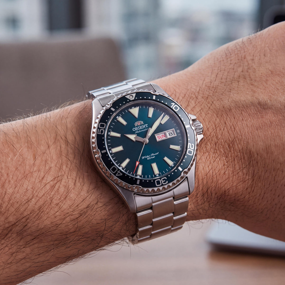 Reloj de buceo mecánico Orient Sporty para hombre, 42 mm, acero inoxidable, esfera verde, luminiscente, cristal de zafiro, Photo 4