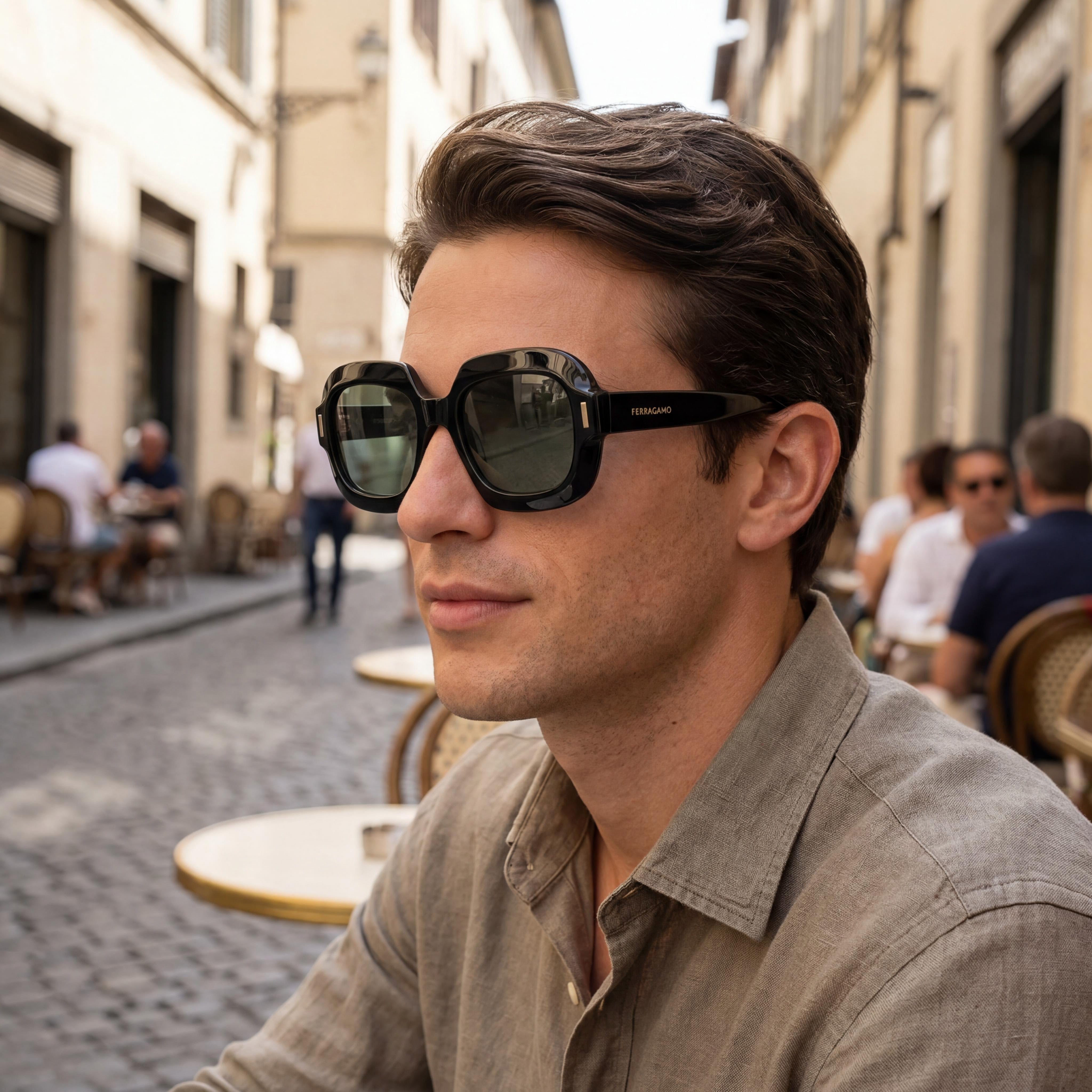 Ferragamo Modern Men's Black Acetate Frame Eyewear with Black Polycarbonate Lenses, 54-20-145 Dimensions, Photo 6