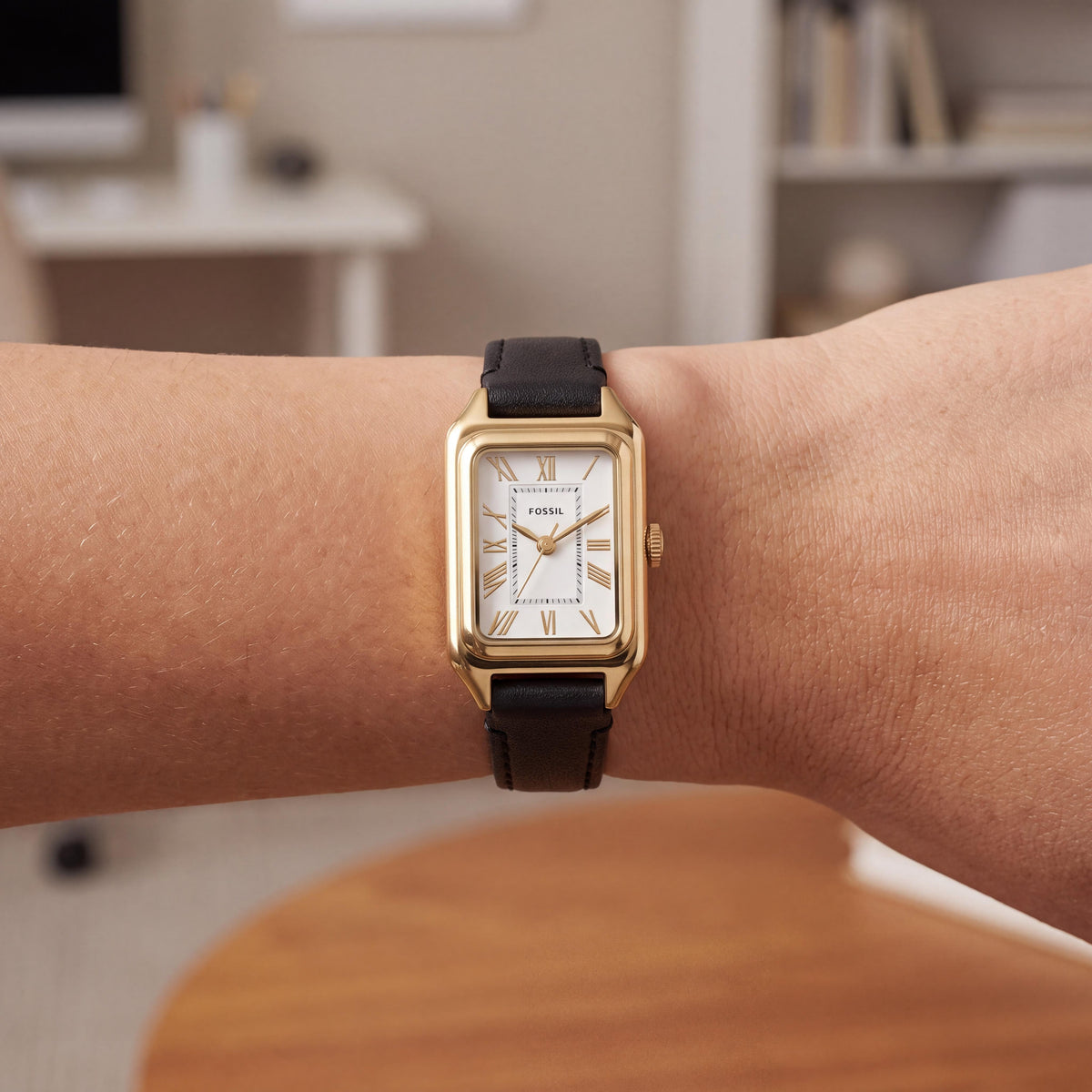 Fossil Raquel Women's 18mm Gold Black Rectangular Leather Strap Watch with Scratch-Resistant Mineral Crystal and Roman Numerals, Photo 4