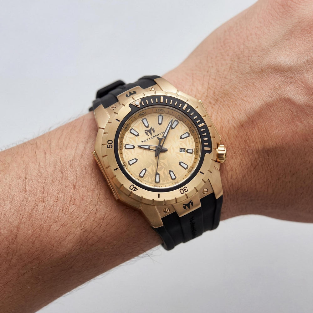 Technomarine Manta TM-224010 Men's 49mm Stainless Steel Case, Gold Dial, Quartz, Silicone Strap, 20 ATM WR