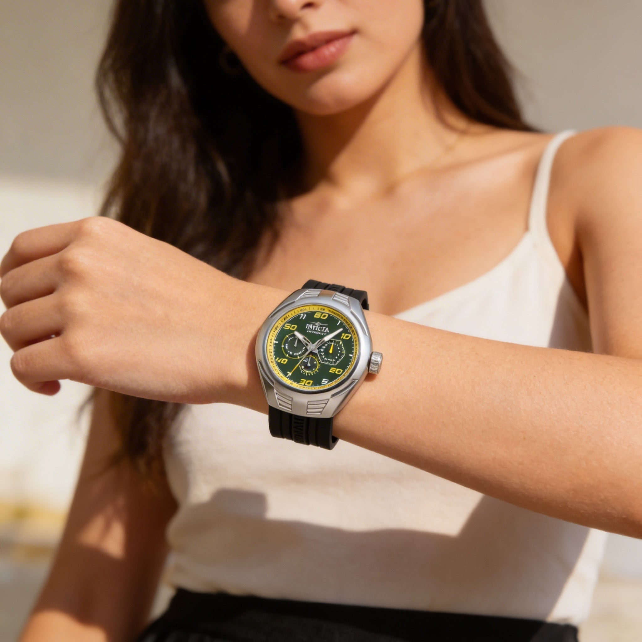 Invicta Racing 47728 Unisex Chronograph Quartz 46mm Silver Stainless Steel Green Dial Silicone Strap Watch, Photo 4