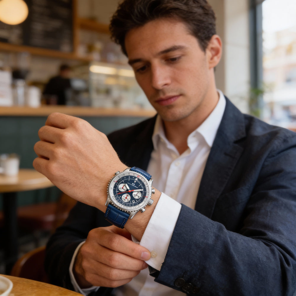 Reloj cronógrafo Oceanaut Classic para hombre con esfera azul, caja de acero inoxidable y correa de piel.