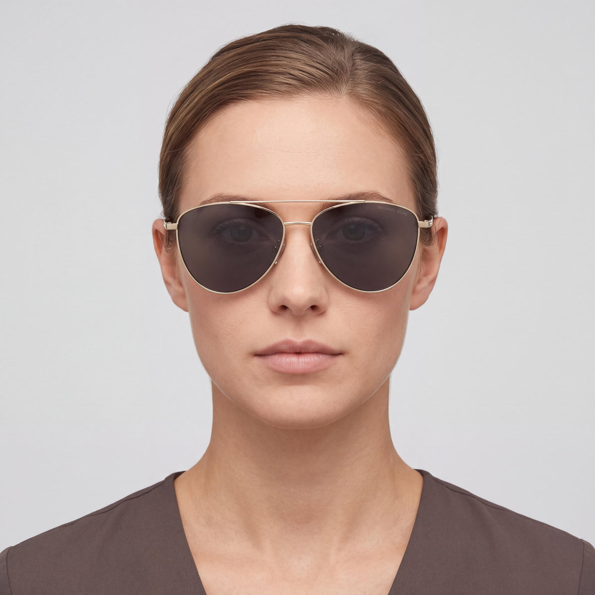 Michael Kors 0mk1056 Women's Aviator Metal Sunglasses Light Gold Dark Grey Solid Frame 58mm UV Protection, Photo 5