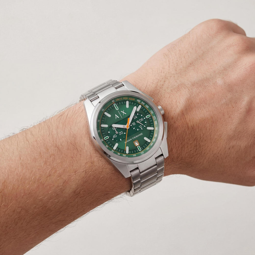 Reloj cronógrafo Armani Exchange para hombre de 42 mm, caja y pulsera de acero inoxidable plateado, esfera verde.