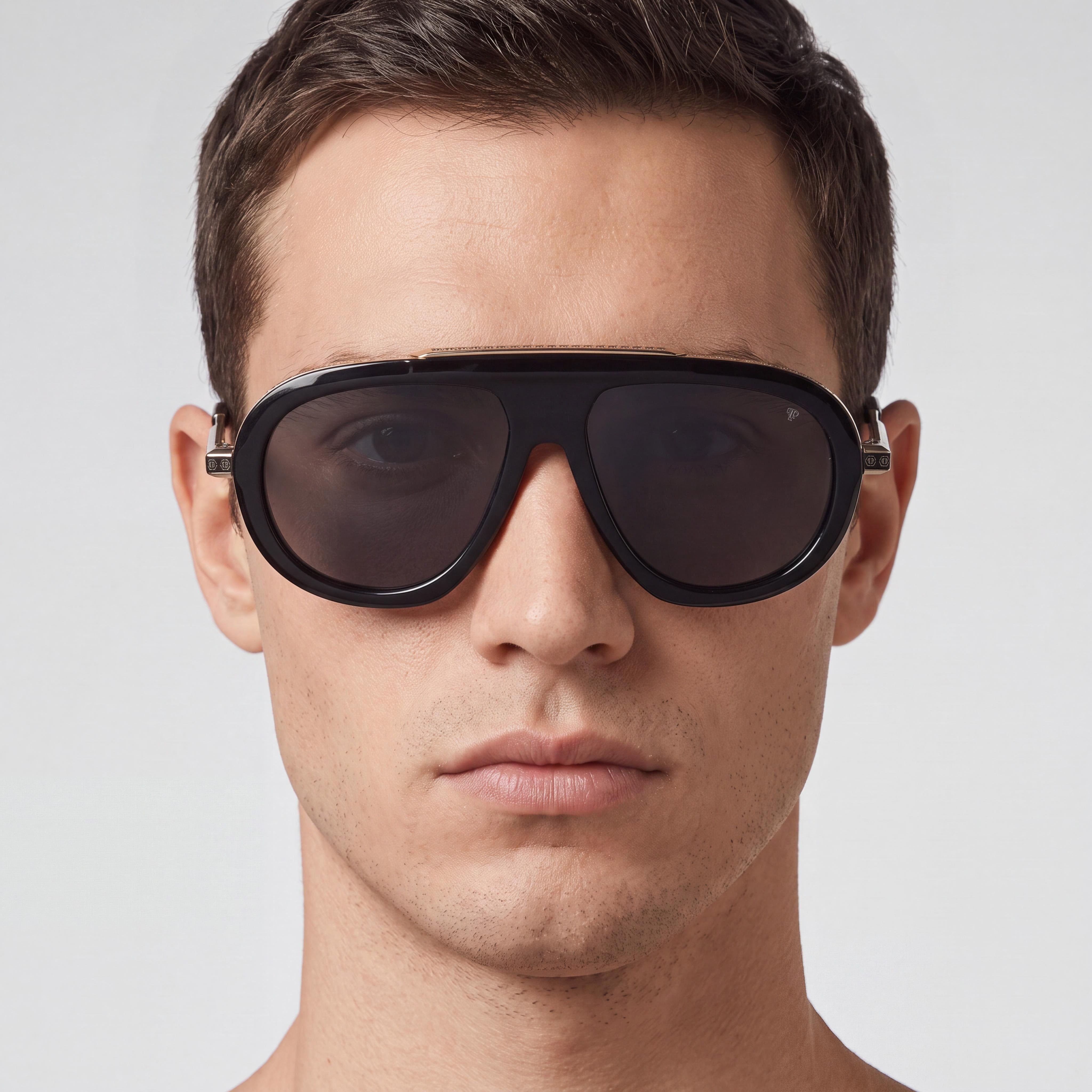 Philipp Plein Spp151m Men's Shiny Black Cellulose Acetate Frame Non-Polarized UV Protection Sunglasses 57, Photo 5