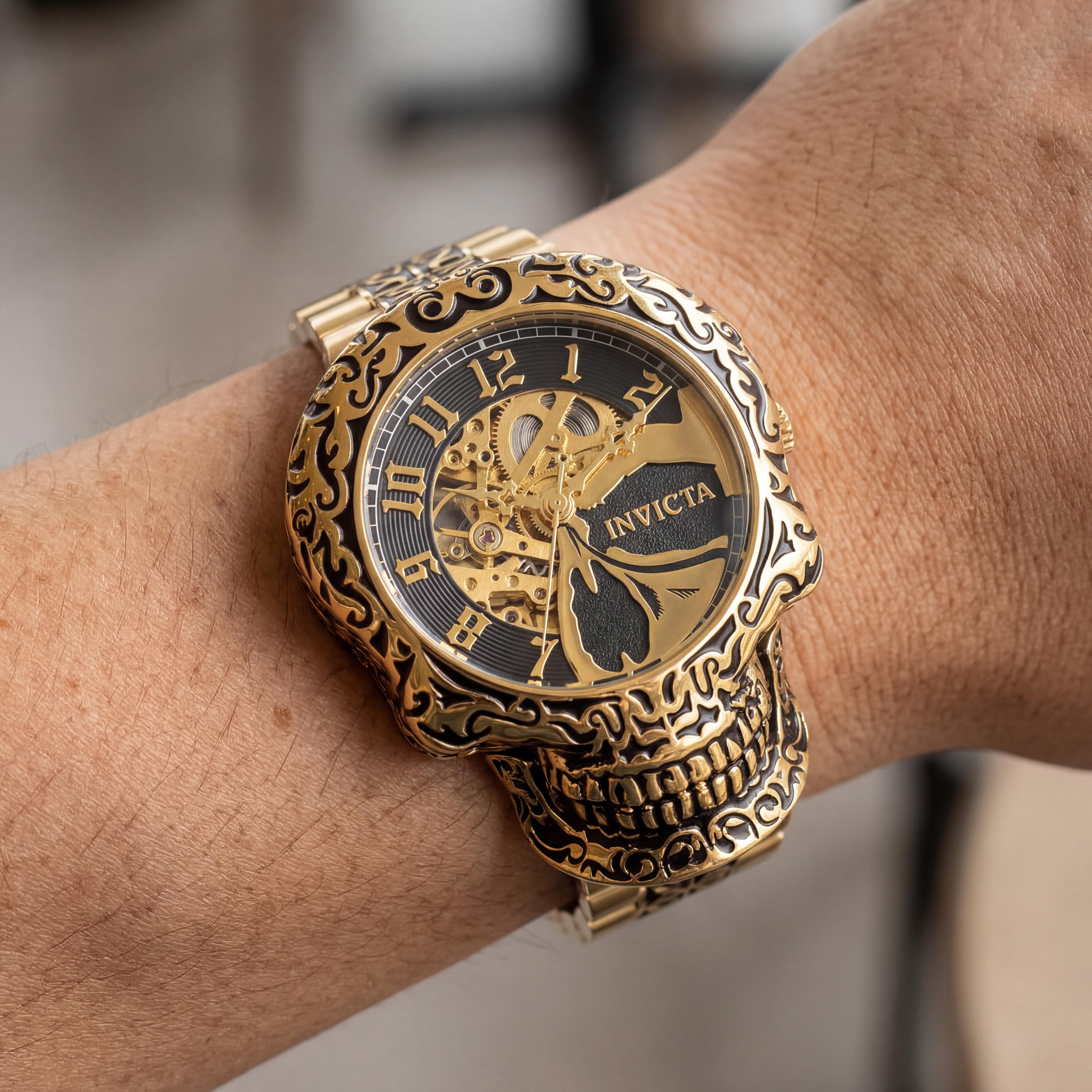 Invicta Artist Skull 35109 Unisex Gold Tone Stainless Steel Automatic Watch with Flame Fusion Crystal & 100M Water Resistance, 50.5mm, Photo 4