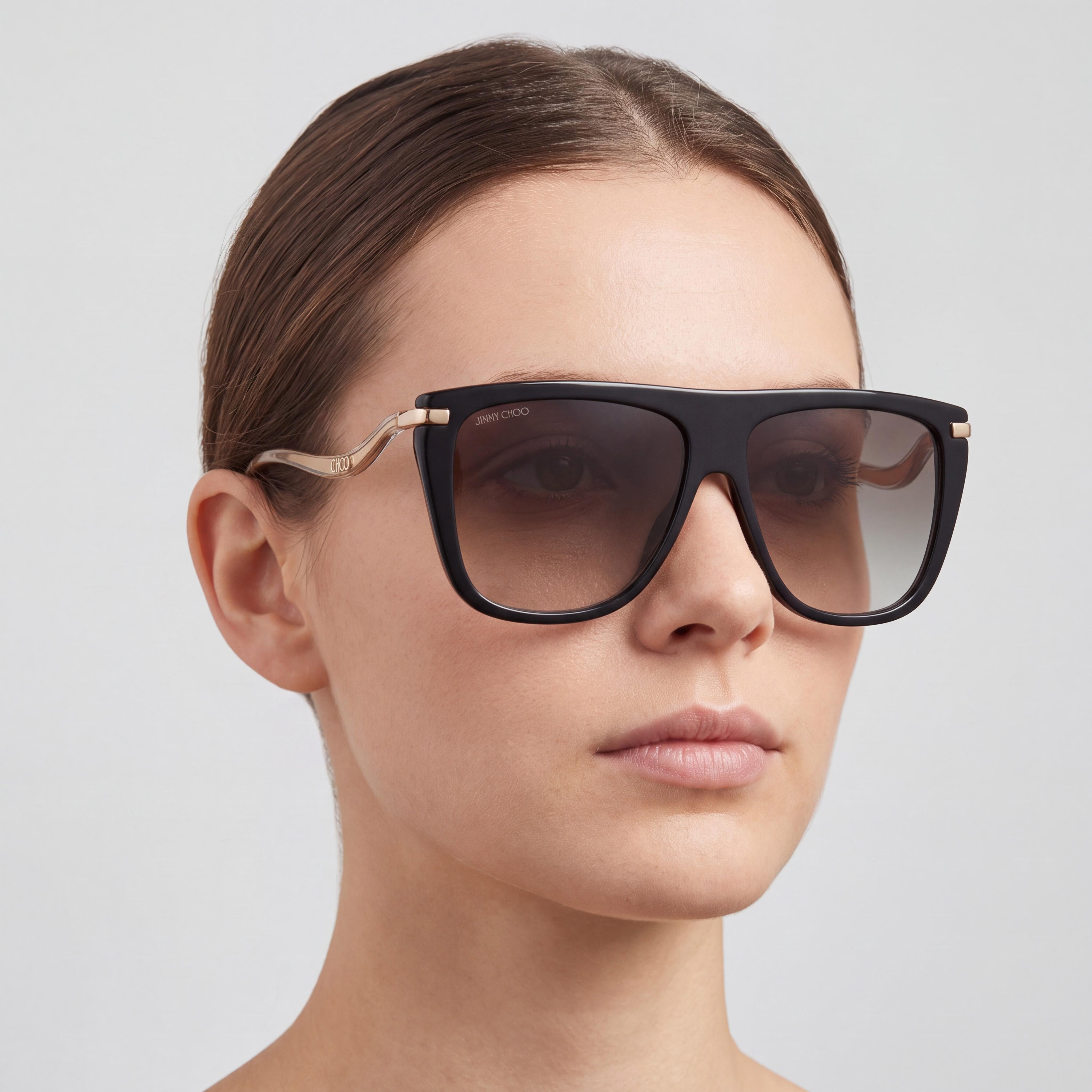 JIMMY CHOO SUVI/S 807/FQ Gafas de sol de acetato negro con forma de ojo de gato para mujer, lentes de espejo gris degradado no polarizadas, protección UV de 58 mm, Photo 5