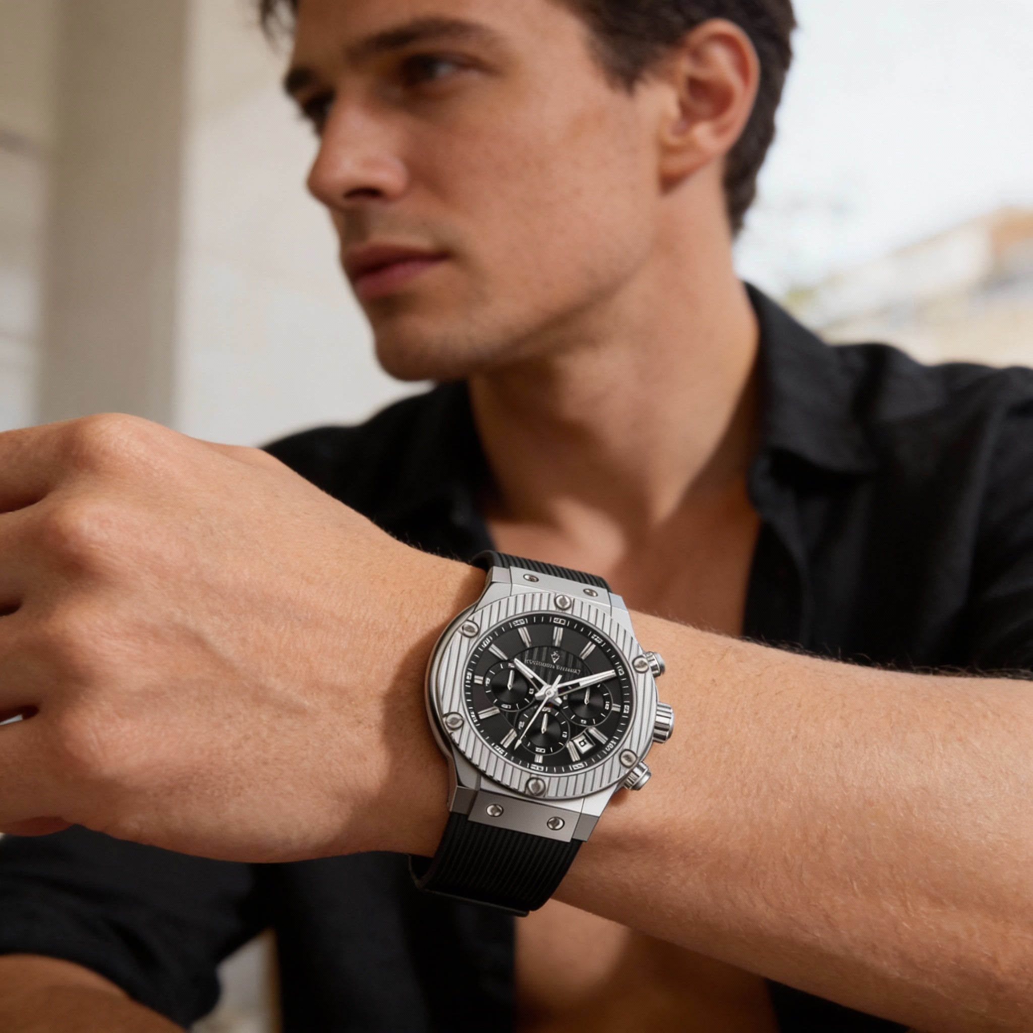 Christian Van Sant Strap Men's Black Stainless Steel Case Rubber Strap Water Resistant Watch, Photo 4