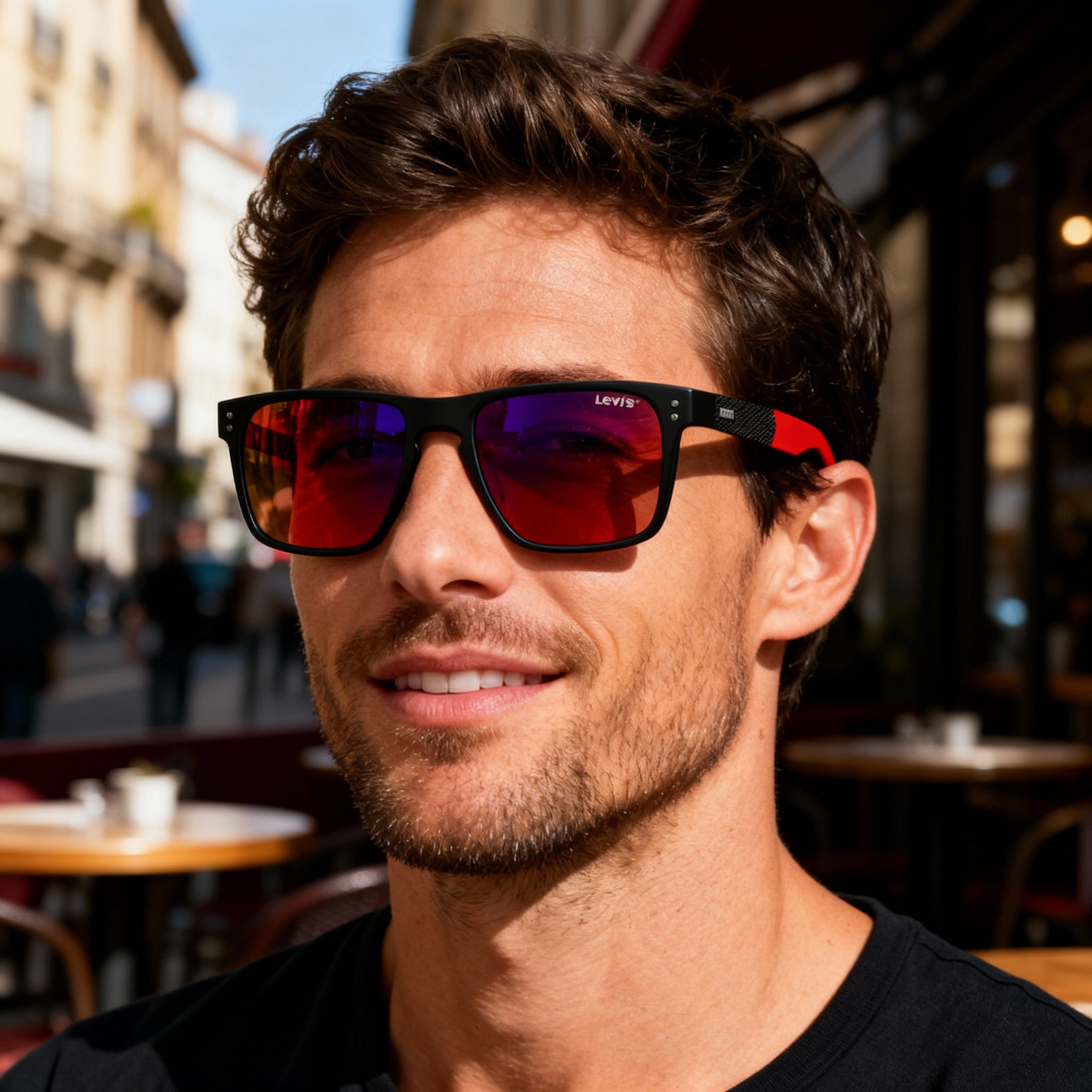 Levi's LV 5058/S Men's ECO Polyamide Sunglasses, Matte Black Red Frame, Red Multi-layer Lens, 56-18-145, Photo 4