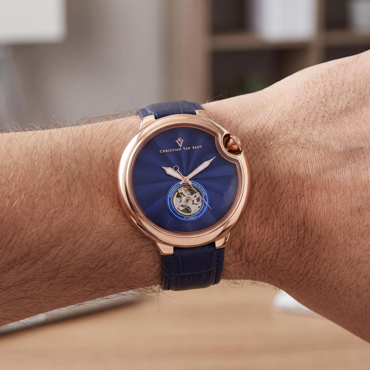 Reloj Christian Van Sant Men's Cyclone Automatic, esfera azul, caja de acero inoxidable, correa de piel, 46 mm, Photo 4