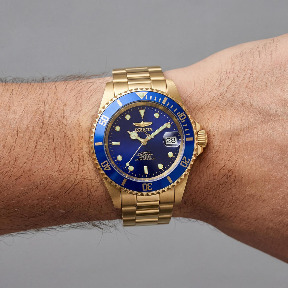 Invicta Pro Diver Automatic Men's Stainless Steel Gold-Tone Bracelet Watch, Blue Dial, 40mm, Glow In The Dark