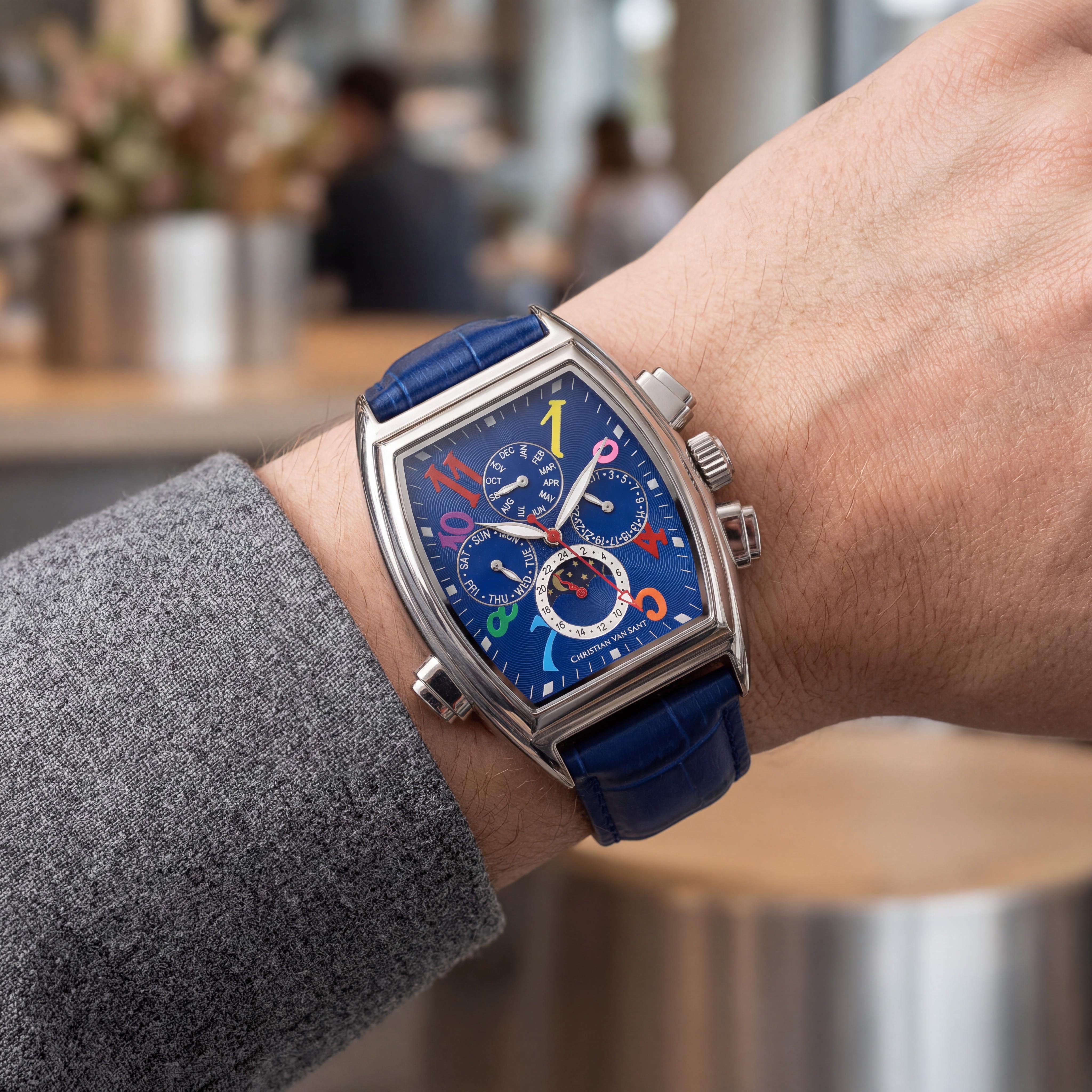 Christian Van Sant Grandeur Men's Automatic Blue Dial Stainless Steel Leather Multi-function Moon Phase Watch, Photo 4