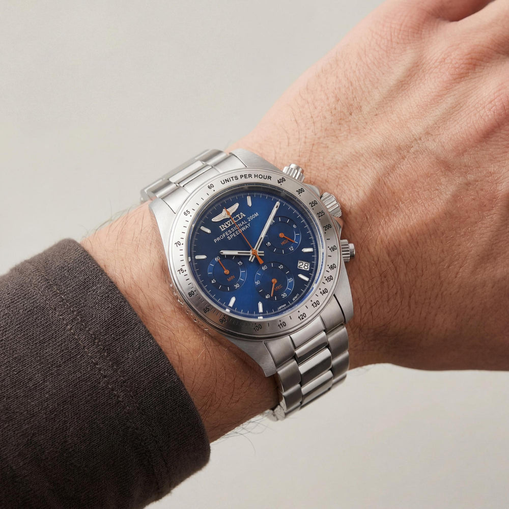 Reloj Invicta Speedway 27770 para hombre, cronógrafo de cuarzo, doble huso horario, acero inoxidable, esfera azul, 39,5 mm