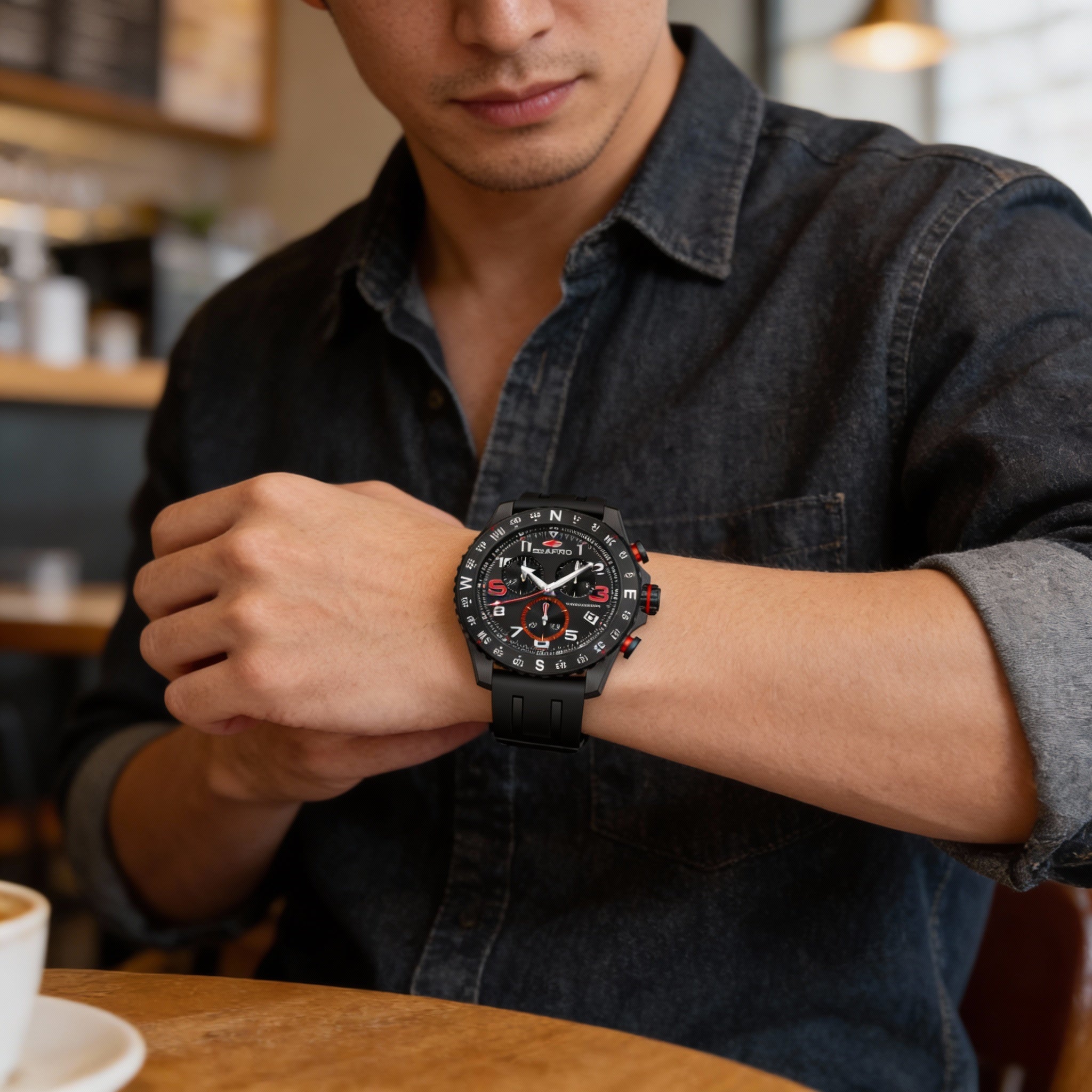 Reloj cronógrafo de cuarzo Seapro para hombre, caja de acero inoxidable negra, esfera negra, correa de caucho, resistente al agua hasta 100 m., Photo 4