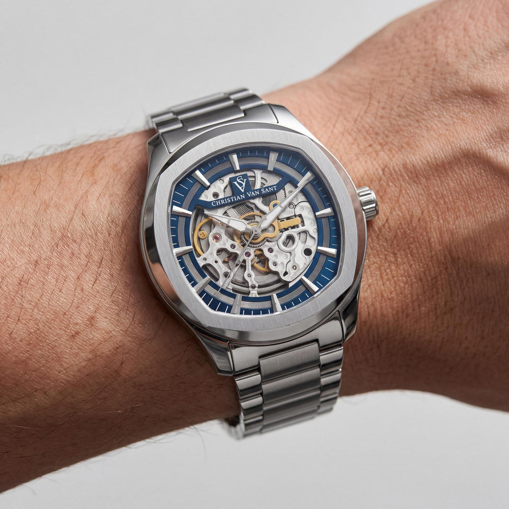 Christian Van Sant Men's Bracelet Watch with Blue Dial, Stainless Steel Case & Bracelet, Automatic Movement, Water Resistant 50M