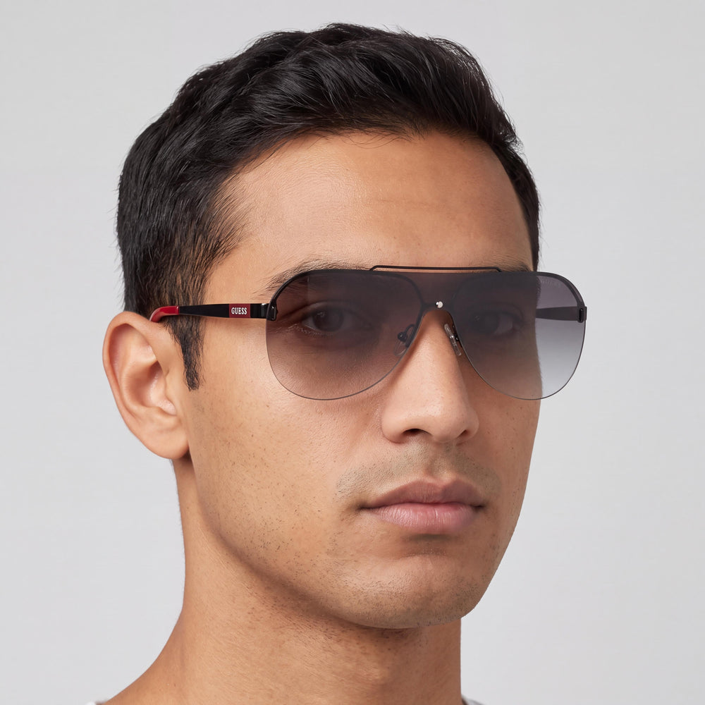 GUESS Gf5053 Men's Glossy Black Smoke Gradient Metal Sunglasses with Black Gradient UV Lenses