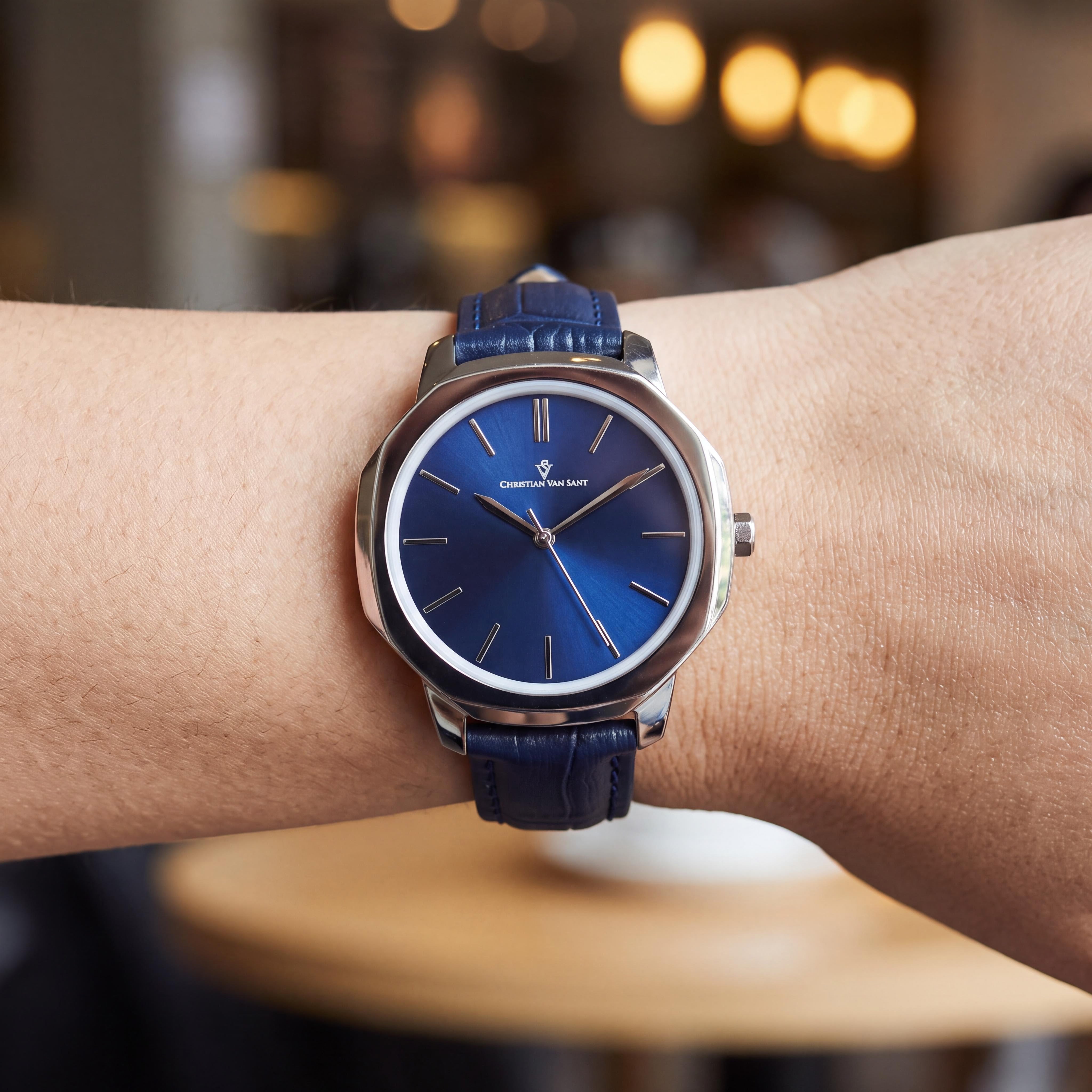 Reloj Christian Van Sant Octave Slim para mujer con correa de cuero, esfera azul, de acero inoxidable y resistente al agua, Photo 4