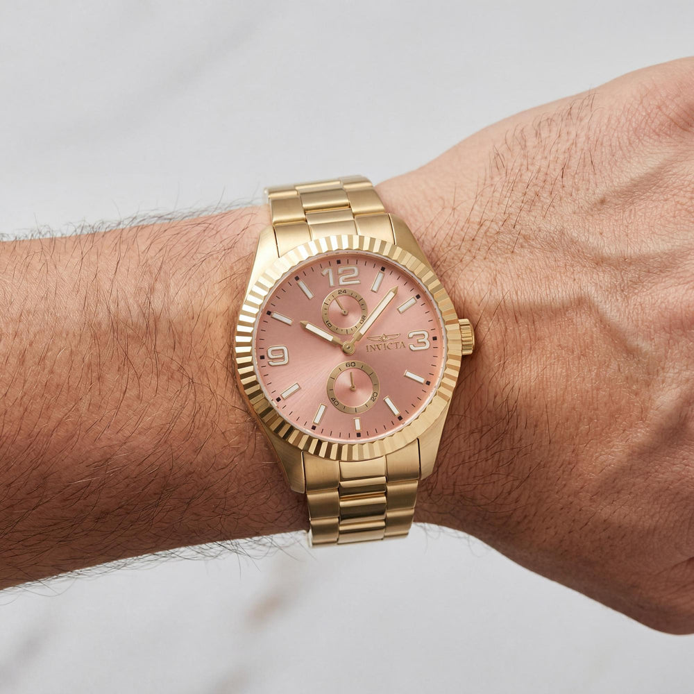 Reloj de pulsera de cuarzo unisex Invicta Specialty 49531, caja de acero inoxidable dorado, esfera de oro rosa, 43 mm