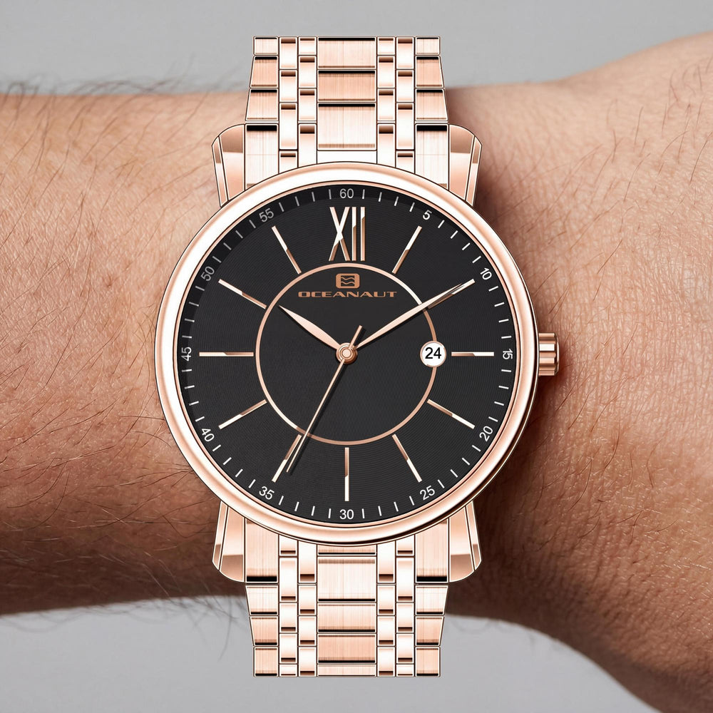 Pulsera Oceanaut para hombre, esfera negra, caja y pulsera de acero inoxidable, movimiento de cuarzo, reloj resistente al agua con mineral resistente a arañazos.