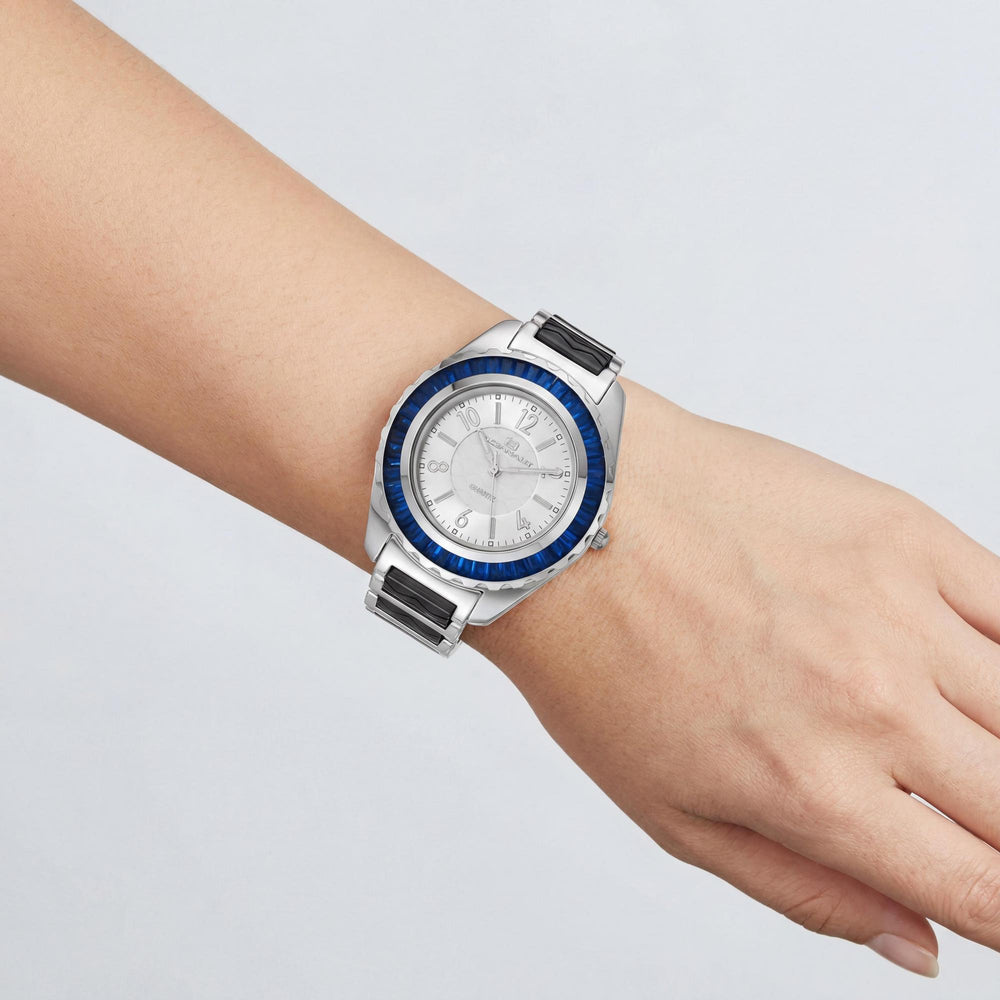 Reloj Oceanaut para mujer con movimiento de cuarzo, caja plateada, esfera plateada y bisel adornado con cristales.