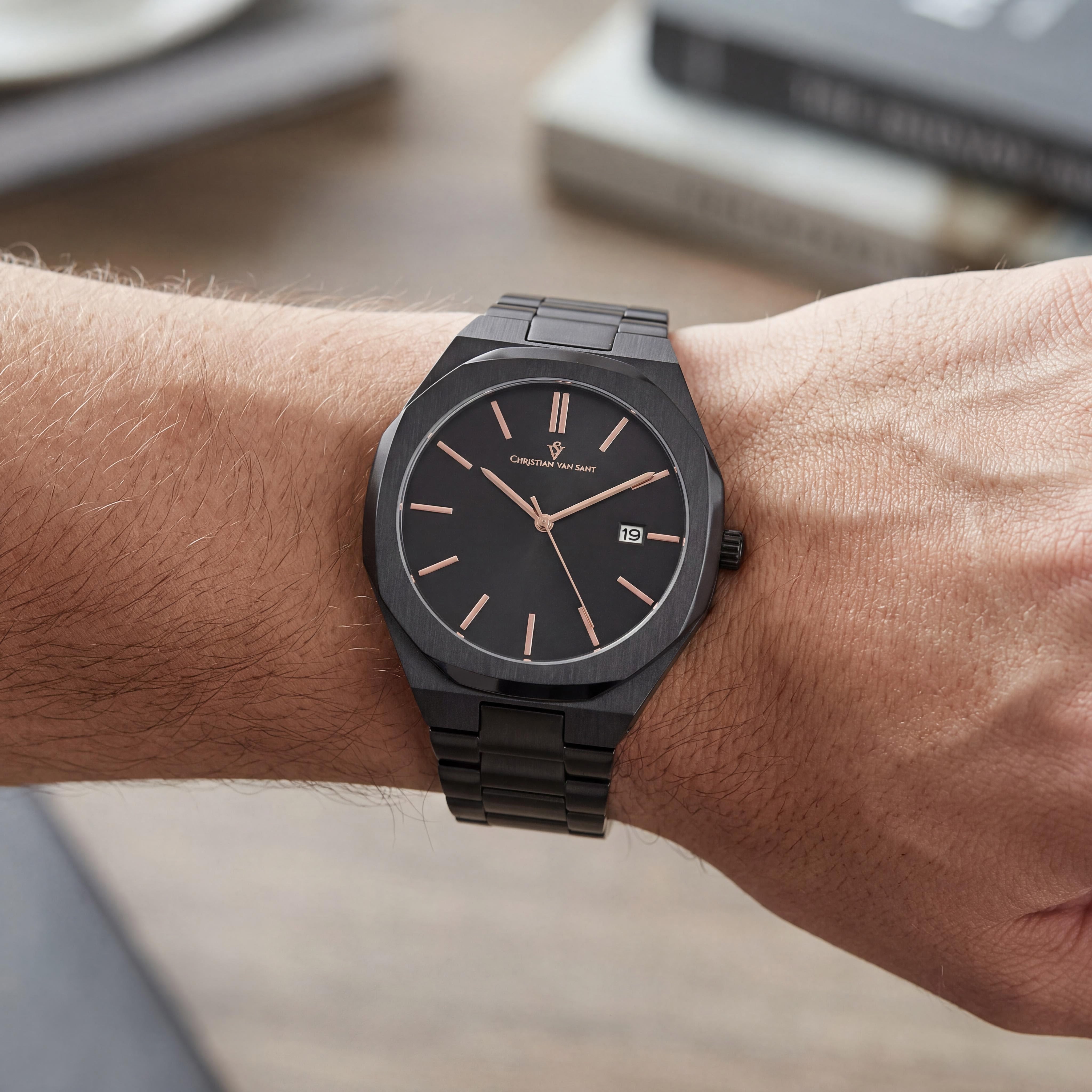 Christian Van Sant CV0525 Octavius Slim Men's Black Dial Stainless Steel Case & Bracelet Quartz Watch with Date Display, Photo 4