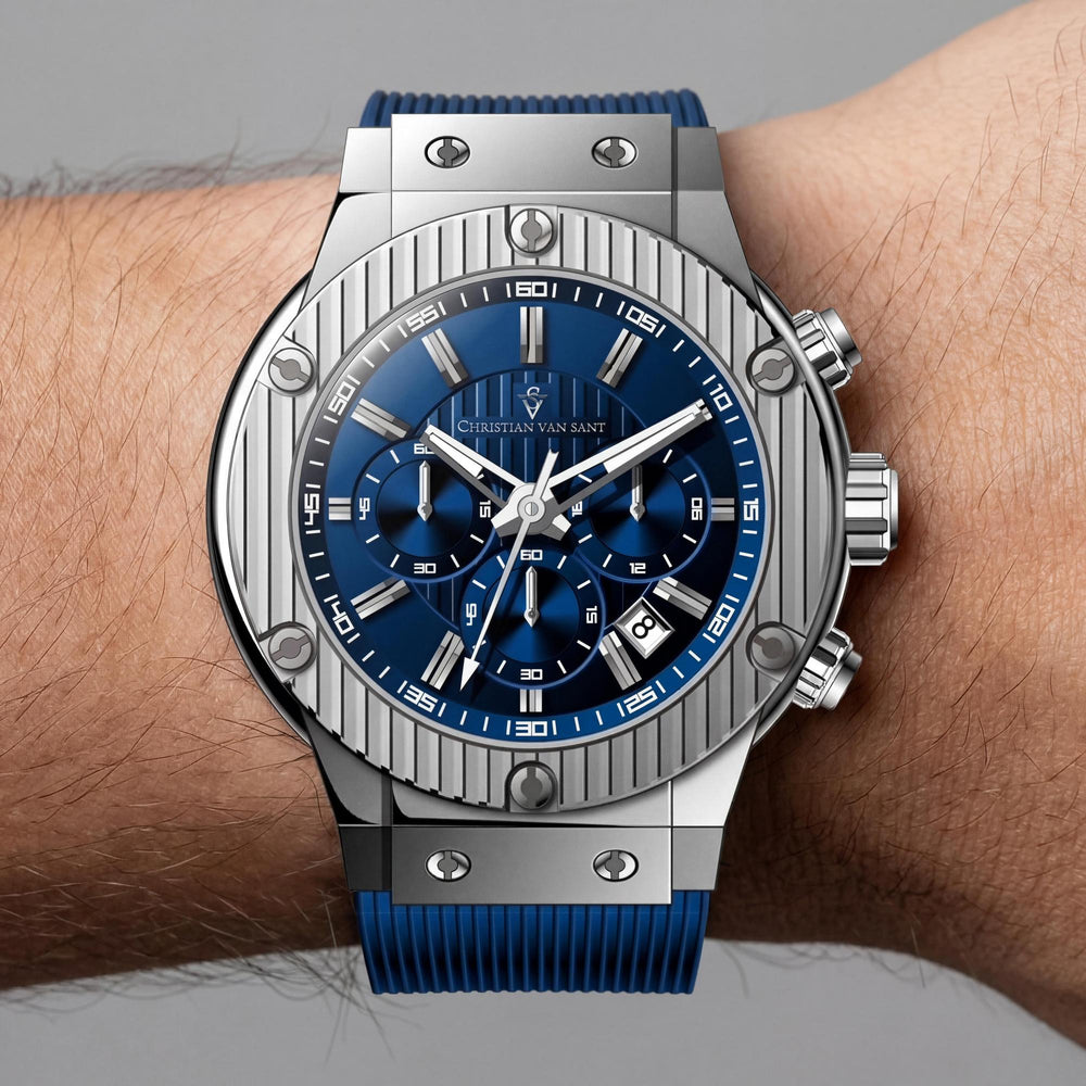 Christian Van Sant CV8142 Reloj de cuarzo moderno para hombre, de acero inoxidable azul y caucho, resistente al agua, correa de 7.5 pulgadas
