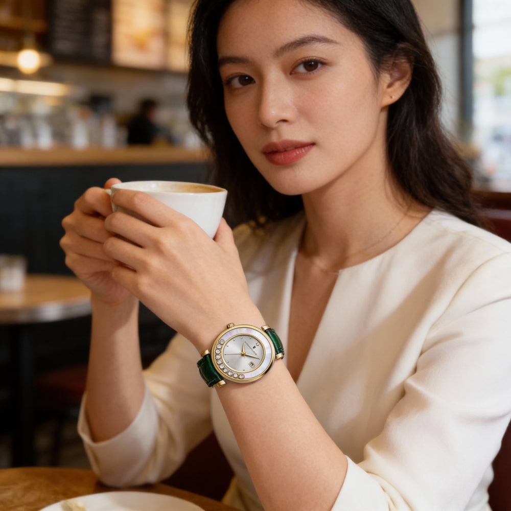 Christian Van Sant Modern Women's Silver-Tone Stainless Steel Leather Strap Quartz Water Resistant Watch