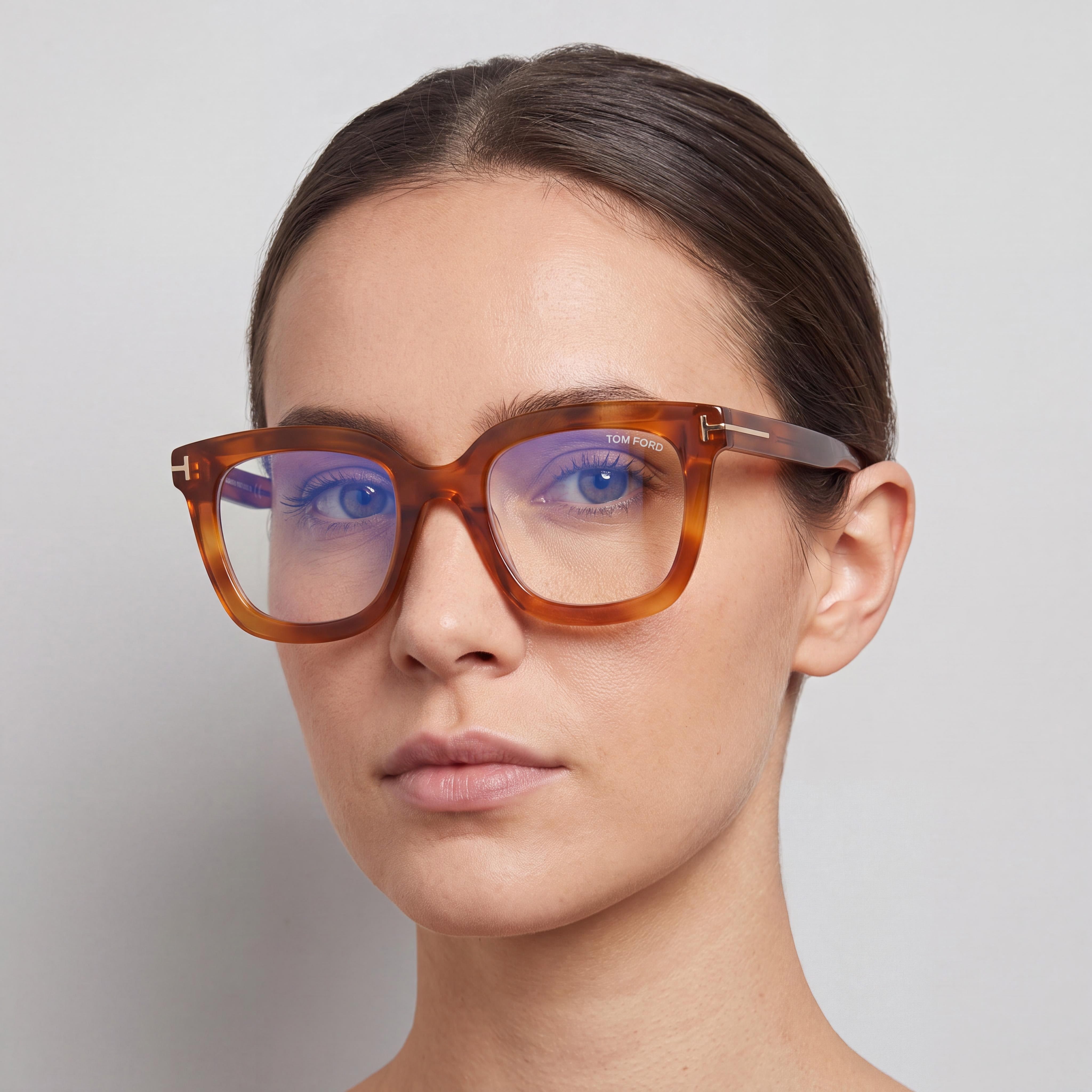 Gafas de sol Tom Ford TF5880-B para mujer, de plástico pantografiado, brillante, transparente, ámbar, con bloqueo de luz azul, montura completa, cuadradas, 51 mm, Photo 3