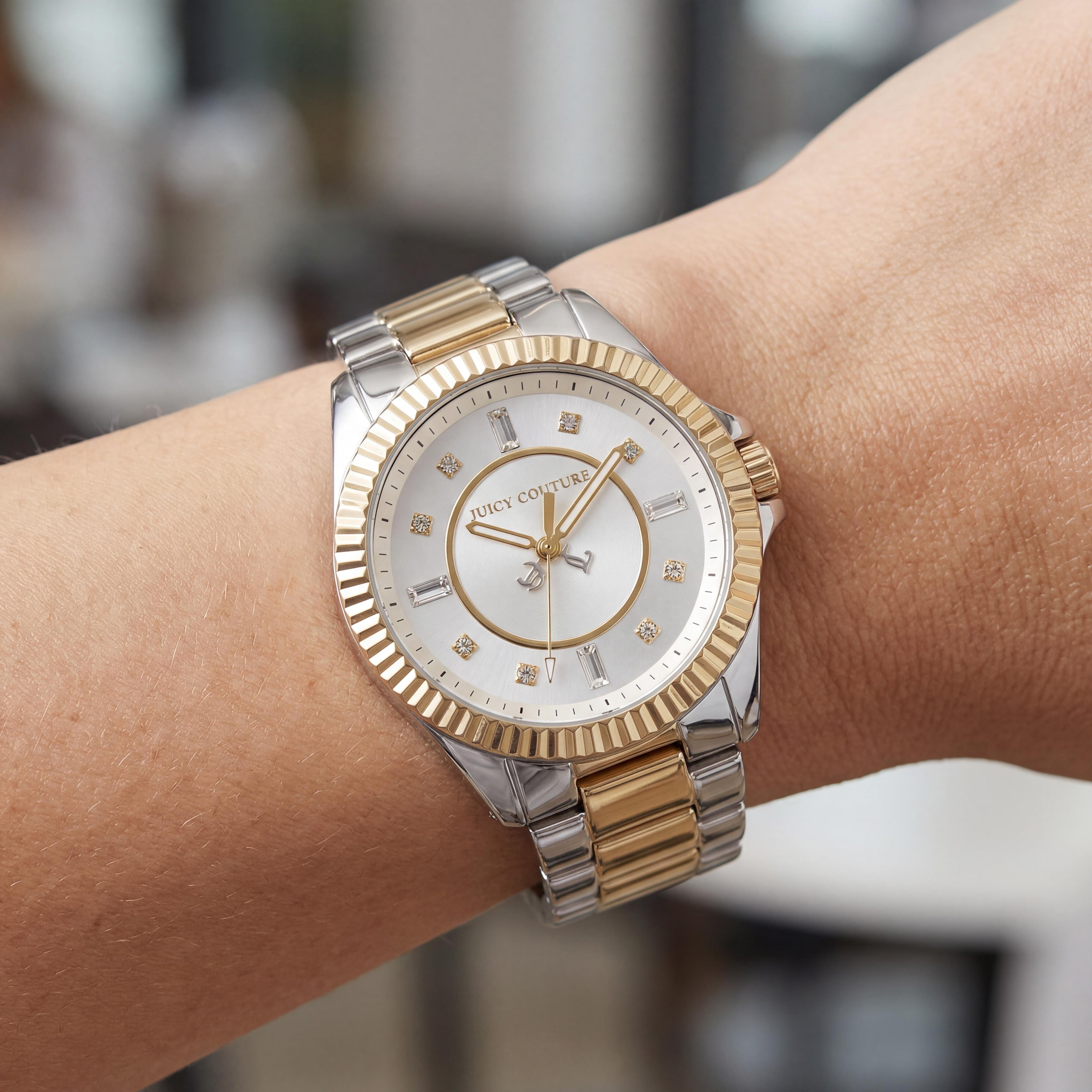 Juicy Couture Stella Women's 41mm Yellow Gold Two-Tone Stainless Steel Water Resistant Watch with Swarovski Crystals, Silver Dial, Photo 4