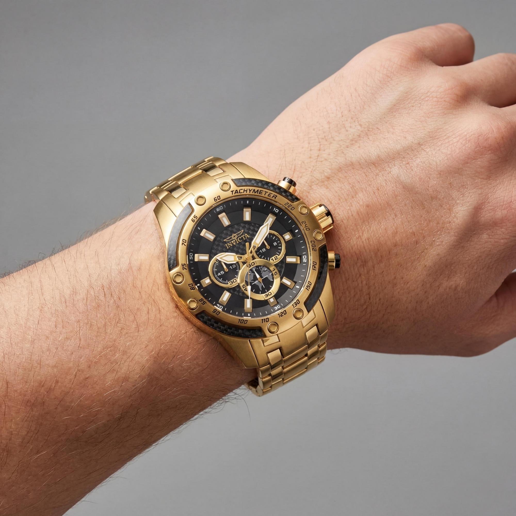 Reloj Invicta Speedway Cronógrafo para hombre, esfera negra en tono dorado, movimiento de cuarzo GMT de doble horario, resistente al agua hasta 10 ATM, 50 mm, Photo 3