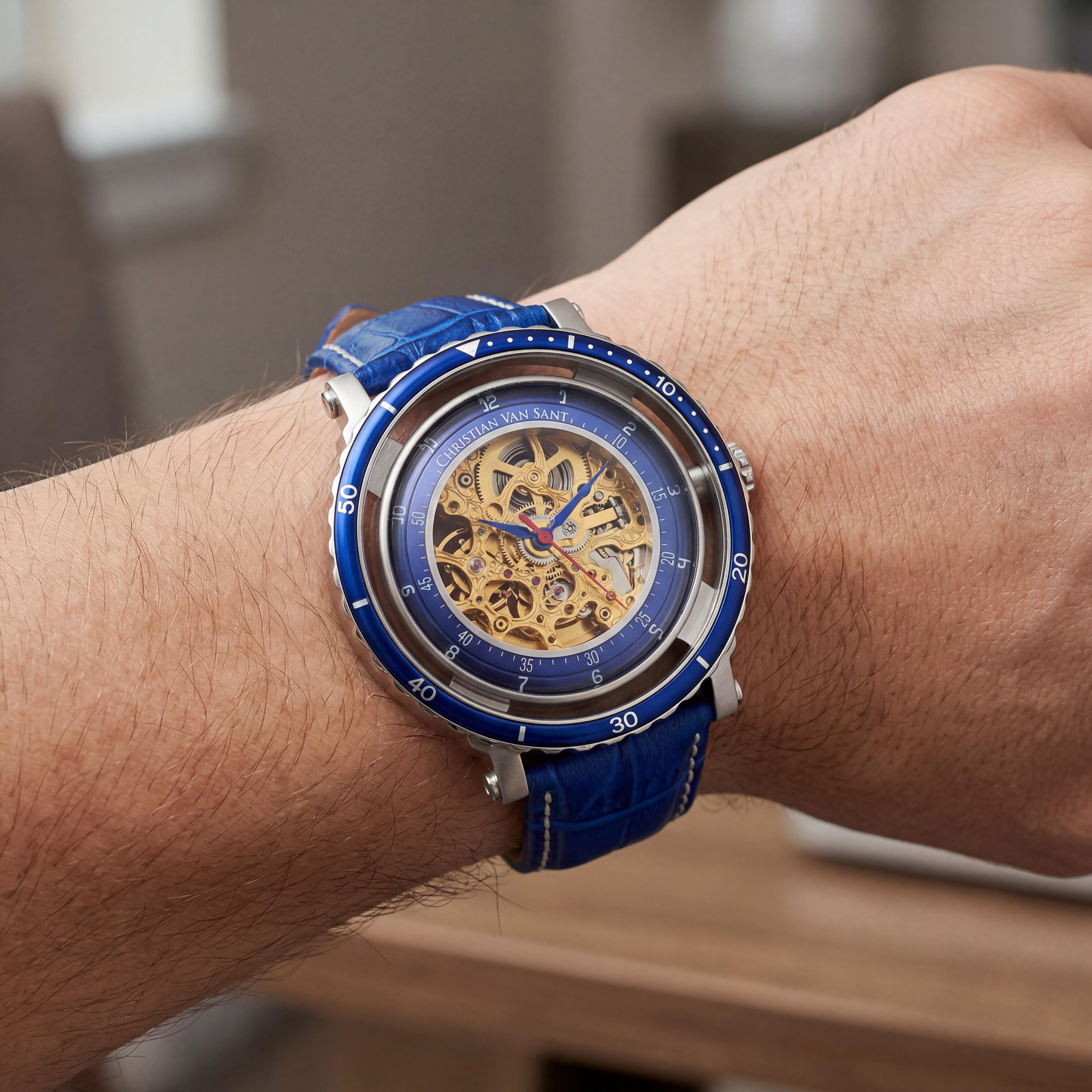 Christian Van Sant CV0740 Casual Men's Gold Skeleton Leather Strap Water Resistant Watch with Timer & Slide-Rule, 45mm, Photo 4