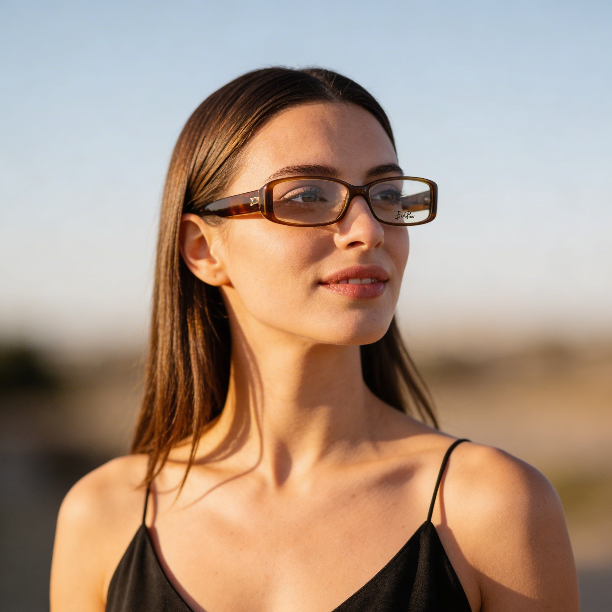 Montura de gafas Emilio Pucci unisex de plástico marrón claro, montura rectangular moderna con lentes personalizables de 53 mm., Photo 3